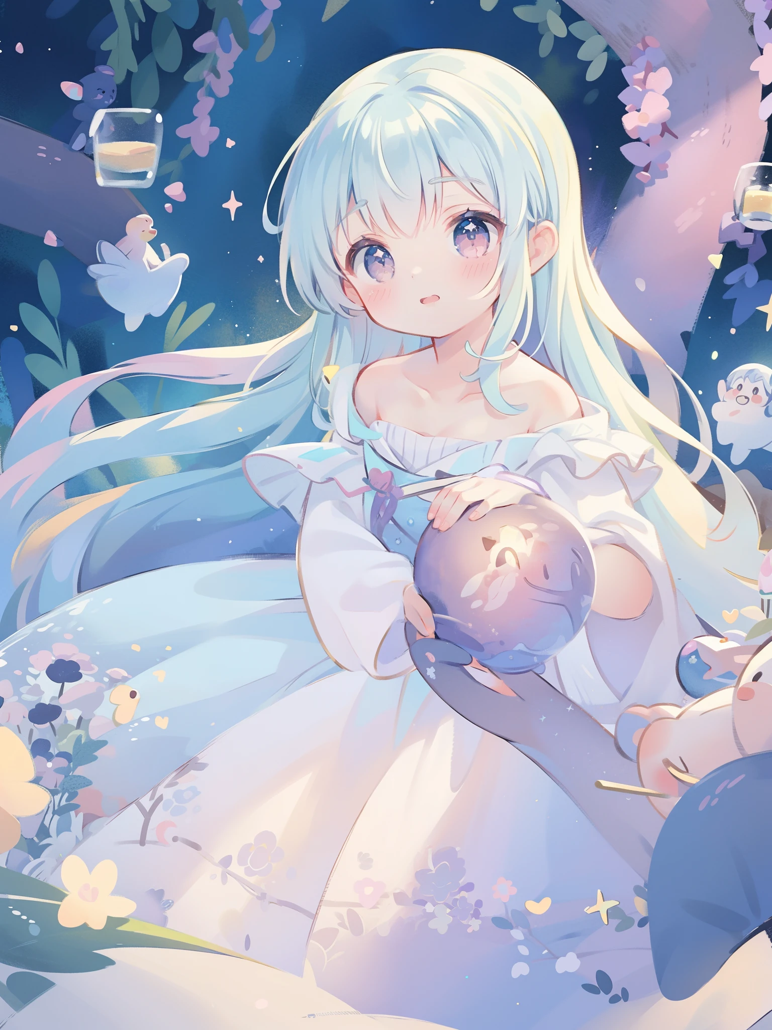 masterpiece, best quality, 8k resolution, sharp focus, intricate detail, beautiful girl, sparkling eyes, golden ratio face, otherworldly liquid, watercolor, ((pastel colors)), bright colors, whimsical, colorful, sharp focus, high resolution, fine detail, princess fantasy ballgown, ((round eyes)), iridescent bubbles, castle landscape in background