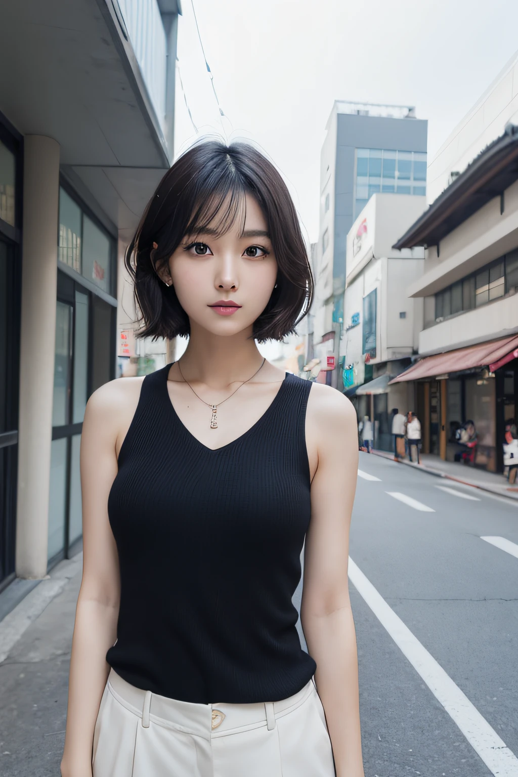 arafed asian woman with a black top and necklace standing in front of a building, with short hair, gorgeous young korean woman, beautiful south korean woman, beautiful young korean woman, young adorable korean face, young cute wan asian face, korean girl, portrait of female korean idol, girl cute-fine-face, beautiful japanese girls face, beautiful asian girl