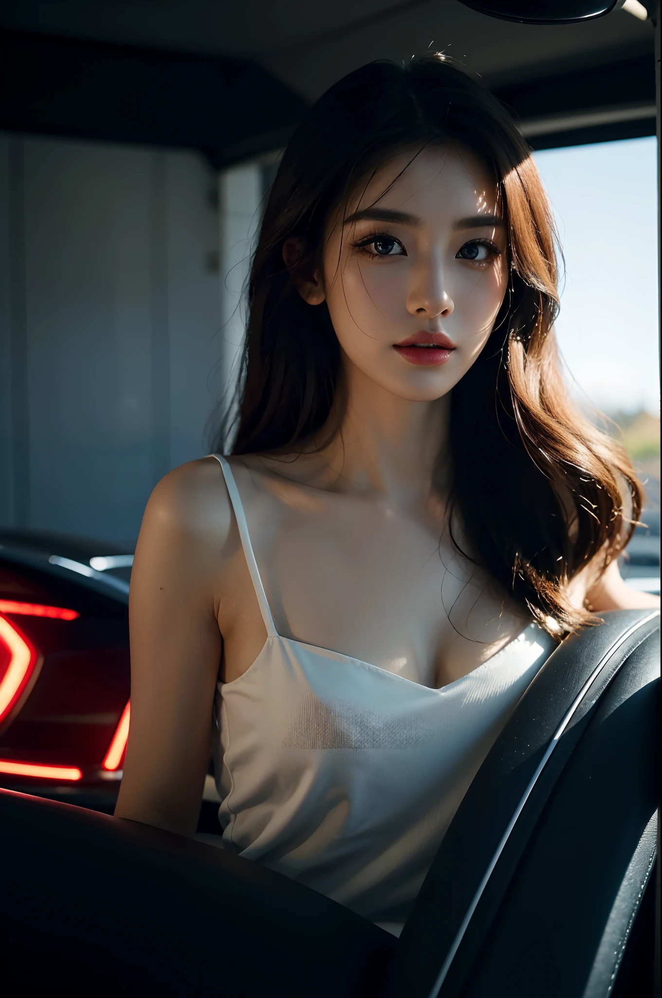 (Best quality,4K,8K,A high resolution,Masterpiece:1.2),Ultra-detailed,(Realistic,Photorealistic,photo-realistic:1.37),Car model,korean beautifull girl,mesmerizing looks,stunning features,Perfectly styled hair,Beautiful eyes with long eyelashes,Full and luscious lips,Flawless complexion,slim and toned body,Wear a stylish and elegant dress,Show yourself confidently in front of a luxury sports car,The brilliant lights highlight her beauty,Bright colors enhance the overall image,Studio setup with professional photography techniques,Showcasing the perfect combination of beauty and automotive craftsmanship.