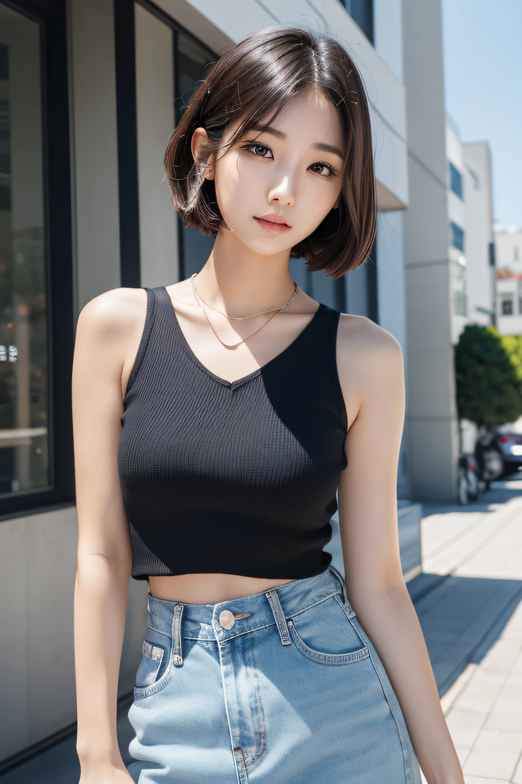 arafed asian woman with a black top and necklace standing in front of a building, with short hair, gorgeous young korean woman, beautiful south korean woman, beautiful young korean woman, young adorable korean face, young cute wan asian face, korean girl, portrait of female korean idol, girl cute-fine-face, beautiful japanese girls face, beautiful asian girl
