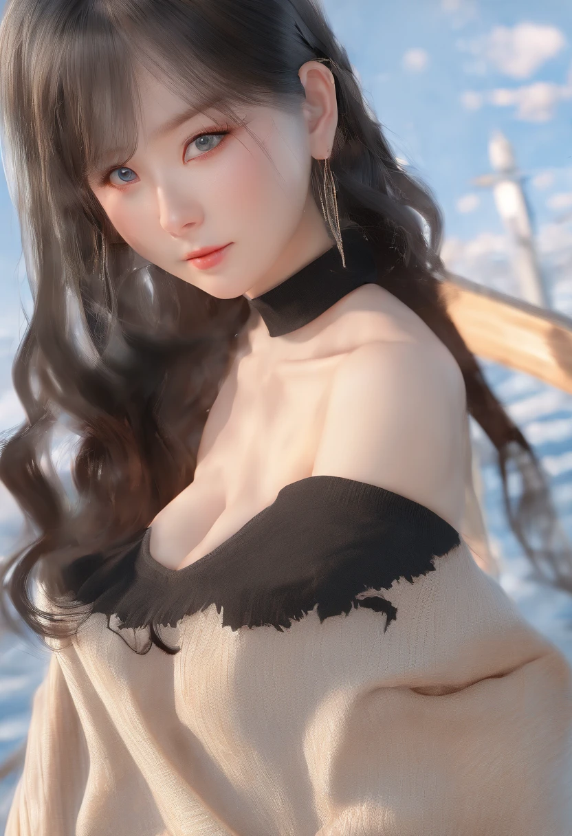 Best quality, hyper HD, (Photorealistic:1.4),Sunset light, pony tails, Korean women, detailed photograph, Smiling, Sexy, Black shirt, facing camera, Close-up (Masterpiece: 1.3), (8K, Photorealistic, Best quality: 1.4), (1girll), Beautiful face, (Realistic face), (Black hair, Short hair: 1.3), Beautiful hairstyle, Realistic eyes, Beautiful detail eyes, (Realistic skin), Beautiful skin, (Sweater), Absurd, Attractive, 超高分辨率, Ultra photo realsisim, High definition, Golden ratio, nude , bog boobs
