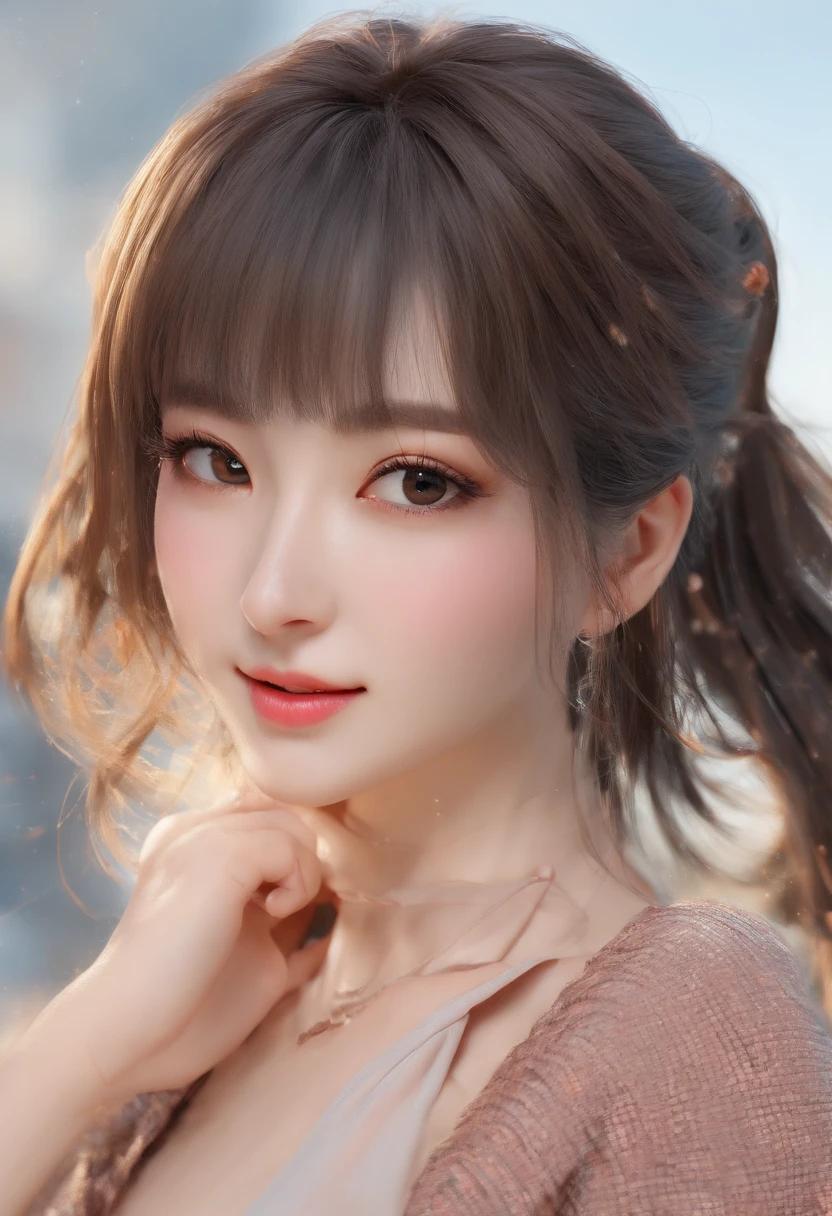 Best quality, hyper HD, (Photorealistic:1.4),Sunset light, pony tails, Korean women, detailed photograph, Smiling, Sexy, Black shirt, facing camera, Close-up (Masterpiece: 1.3), (8K, Photorealistic, Best quality: 1.4), (1girll), Beautiful face, (Realistic face), (Black hair, Short hair: 1.3), Beautiful hairstyle, Realistic eyes, Beautiful detail eyes, (Realistic skin), Beautiful skin, (Sweater), Absurd, Attractive, 超高分辨率, Ultra photo realsisim, High definition, Golden ratio, nude , bog boobs