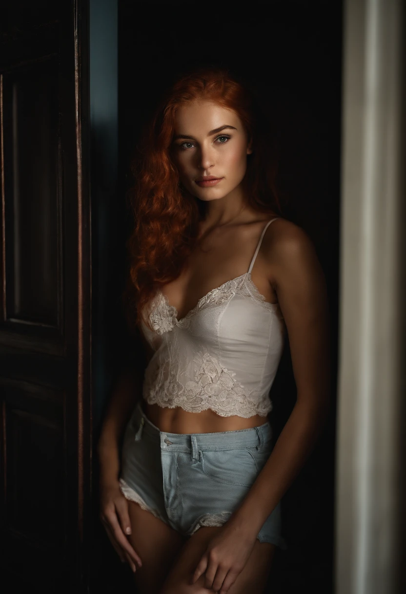Portrait of a beautiful 24-year-old petit teen, redhead, gorgeous Brazilian, in cotton panties, at the door, (dark private office, dark and melancholy light: 1.2)