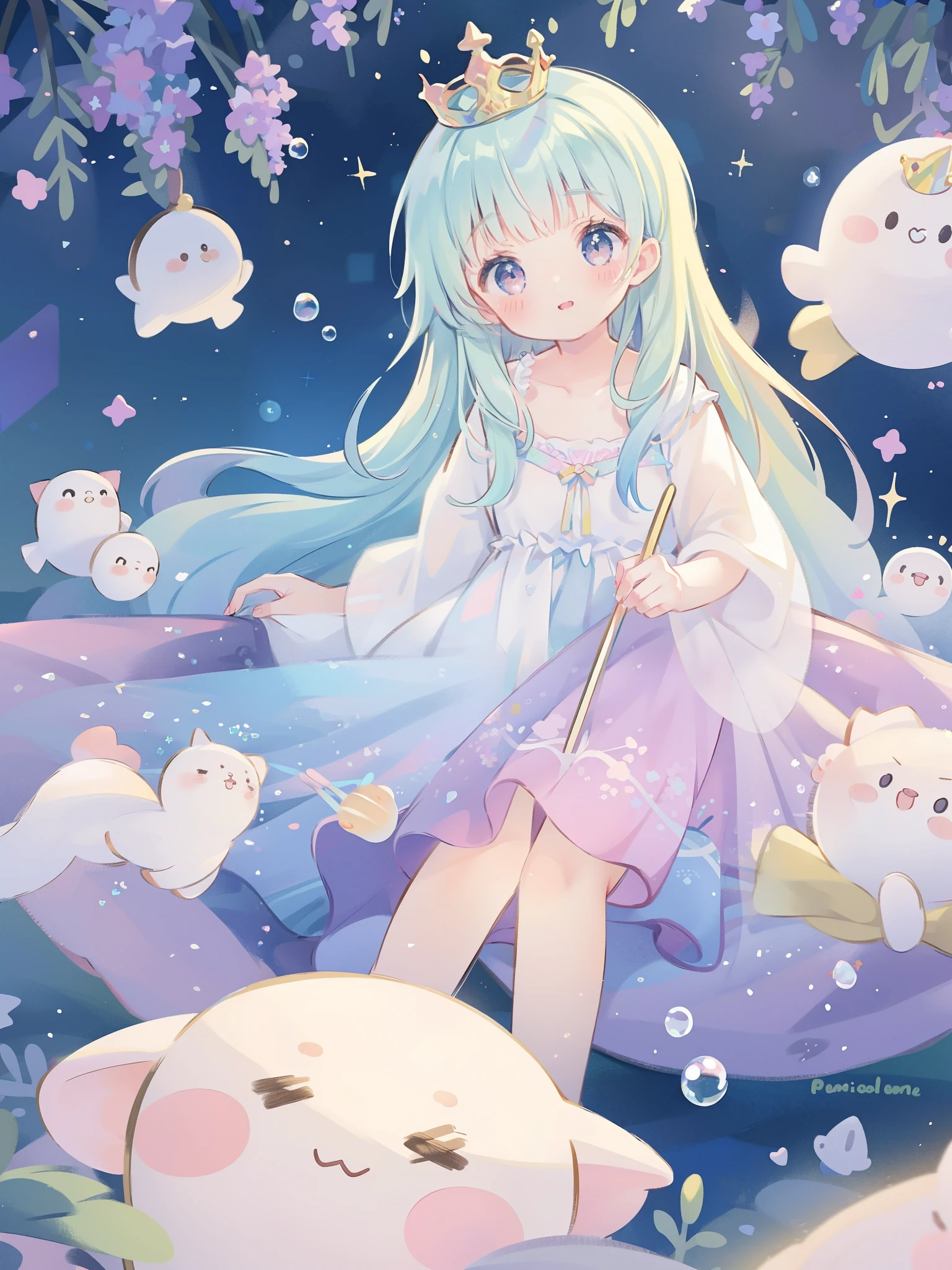 masterpiece, best quality, 8k resolution, sharp focus, intricate detail, beautiful girl, sparkling eyes, golden ratio face, otherworldly liquid, watercolor, ((pastel colors)), bright colors, whimsical, colorful, sharp focus, high resolution, fine detail, princess fantasy ballgown, ((round eyes)), iridescent bubbles, castle landscape in background