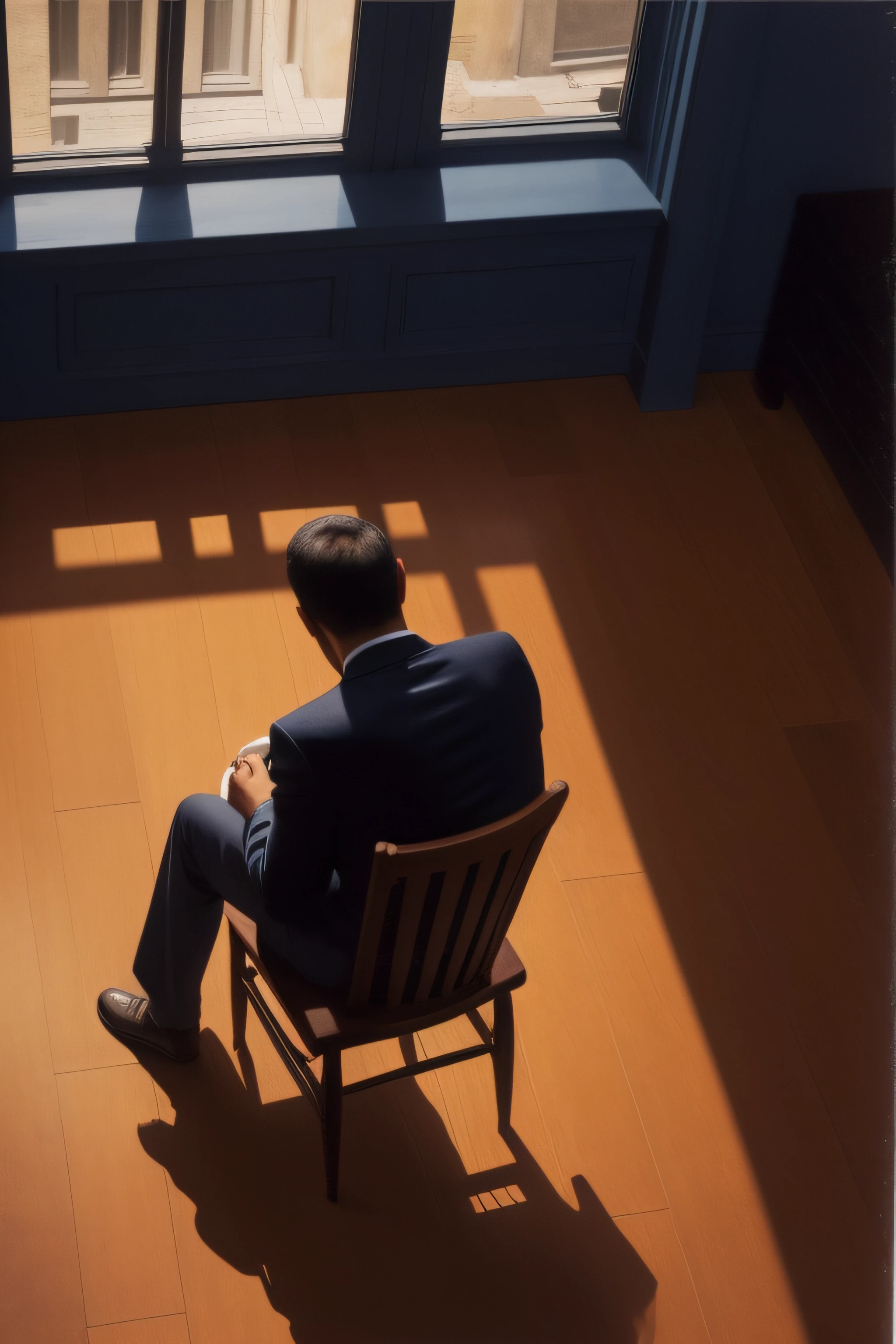 Man sitting on the floor, wistful, View from above, roupas, Costas, Vision from afar, Backview, Eduardo Hopper