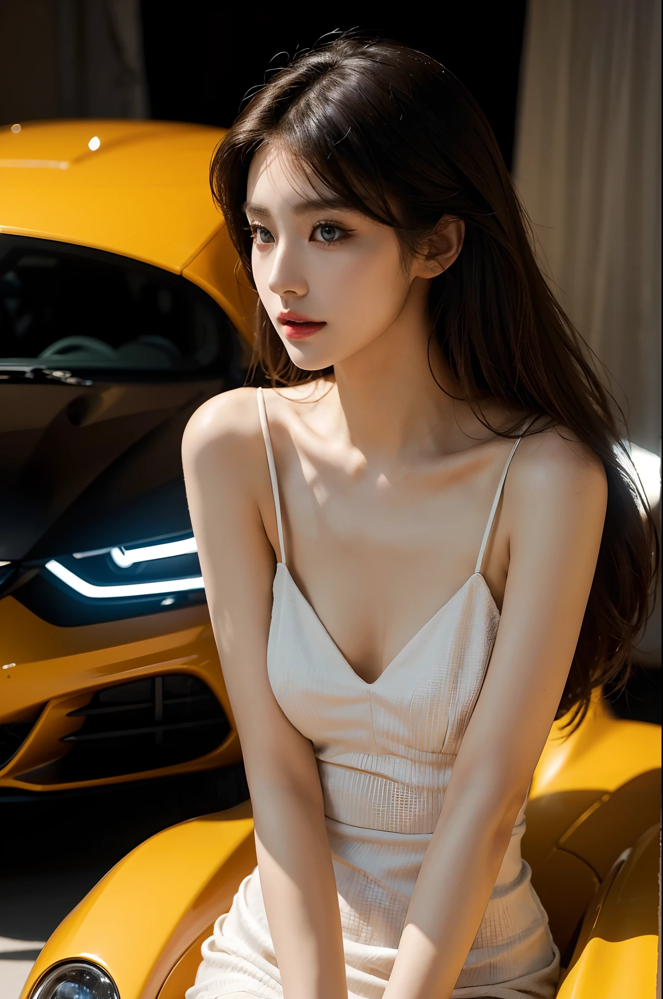 (Best quality,4K,8K,A high resolution,Masterpiece:1.2),Ultra-detailed,(Realistic,Photorealistic,photo-realistic:1.37),Car model,korean beautifull girl,mesmerizing looks,stunning features,Perfectly styled hair,Beautiful eyes with long eyelashes,Full and luscious lips,Flawless complexion,slim and toned body,Wear a stylish and elegant dress,Show yourself confidently in front of a luxury sports car,The brilliant lights highlight her beauty,Bright colors enhance the overall image,Studio setup with professional photography techniques,Showcasing the perfect combination of beauty and automotive craftsmanship.