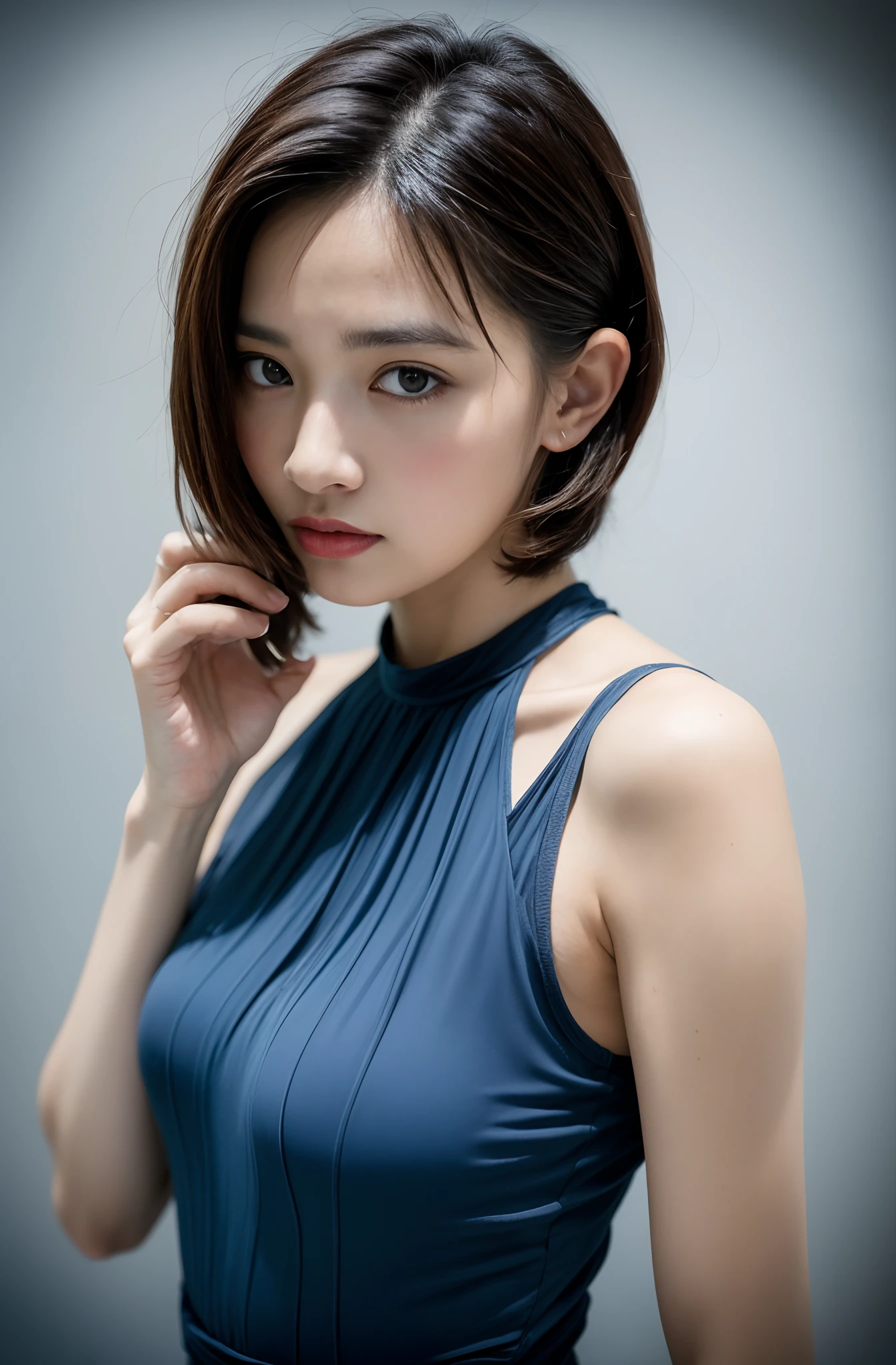 ( (8K:1.27), Best Quality, Masterpiece, Ultra High Resolution:1.2) Photo Beautiful Japanese Woman (Sweat: 1.0)(Beauty: 1.1) (Blue Dress: 1.21) Gregg Rutkowski and Alphonse Mucha design intricate elegance, fantasy, detail, geometry, gradient lighting, 1girl, delicate skin, looking at the viewer, brown eyes, (short flaxen hair: 1.2), (medium breasts: 1.0), (Medium areola: 0.8), (Realistic: 1.4), (Best Quality: 1.0), (Ultra High Resolution: 1.0), (No Hands: 1.0), 8K, RAW Photo, (Masterpiece: 0.2), (pureerosface_v1: 0.5), Beautiful buttock line, age 28, black dress, city, night, tired