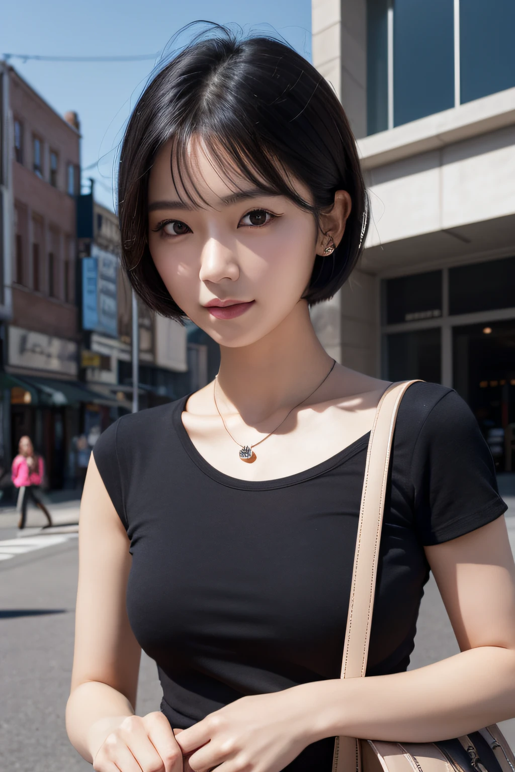 arafed asian woman with a black top and necklace standing in front of a building, with short hair, gorgeous young korean woman, beautiful south korean woman, beautiful young korean woman, young adorable korean face, young cute wan asian face, korean girl, portrait of female korean idol, girl cute-fine-face, beautiful japanese girls face, beautiful asian girl, 1 girl, short black hair, brown eyes, wearing fashion clothes, city, absurdess, high res, ultrasharp, 8K, masterpiece, looking at viewer, full body shot, nationality Korean, smiling sexy, with a prada handbag, high resolution, fine detail, face line, (Realistic, Photorealistic: 1.37), Professional lighting, Photon mapping, Radiosity, Physically Based Rendering, Rich Detail, (Fine Face),(Fine Eyes), (Clear Face), (Detailed Face Description), (Detailed Hand Description), Extreme Light and Shadow, Shiny Skin,