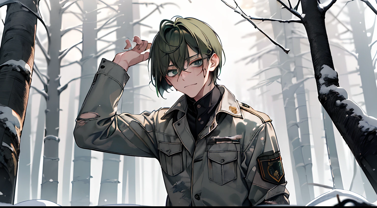 (Masterpiece, best quality), 1 boy, , cuts on the face, quality face, (green hair), (((bob hairstyle))), ((light green eyes)), (introvert), ((fear on face )), ((crybaby)), ((scared)), crazy, quality eyes, (gray winter camouflage), dirty old clothes, ((gray and white military camouflage)), ((torn clothes)),, on the back the plan shows a sparse winter spruce forest, ((white winter forest)), gray weather, high quality