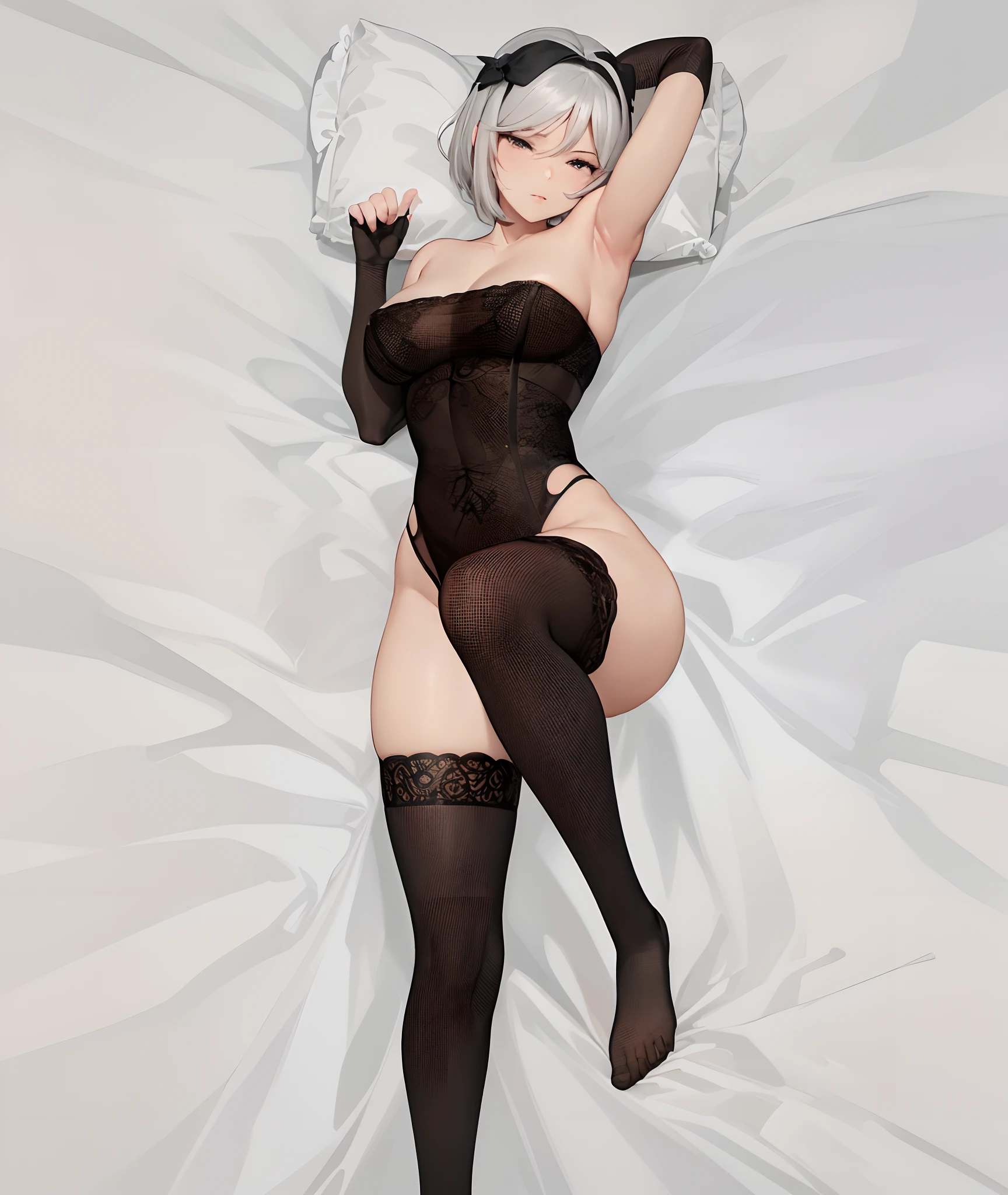 There is a woman in a black dress lying on the bed, menina anime sedutora, corpo perfeito sombreado realista, Pose sexy, 2b, 2 b, cute face with arms and legs, hands behind her body pose!, thicc, Pose neutra, pixiv 3dcg | |, corpo inteiro!!, pose atraente, retrato de corpo inteiro de um curto!, posando na cama