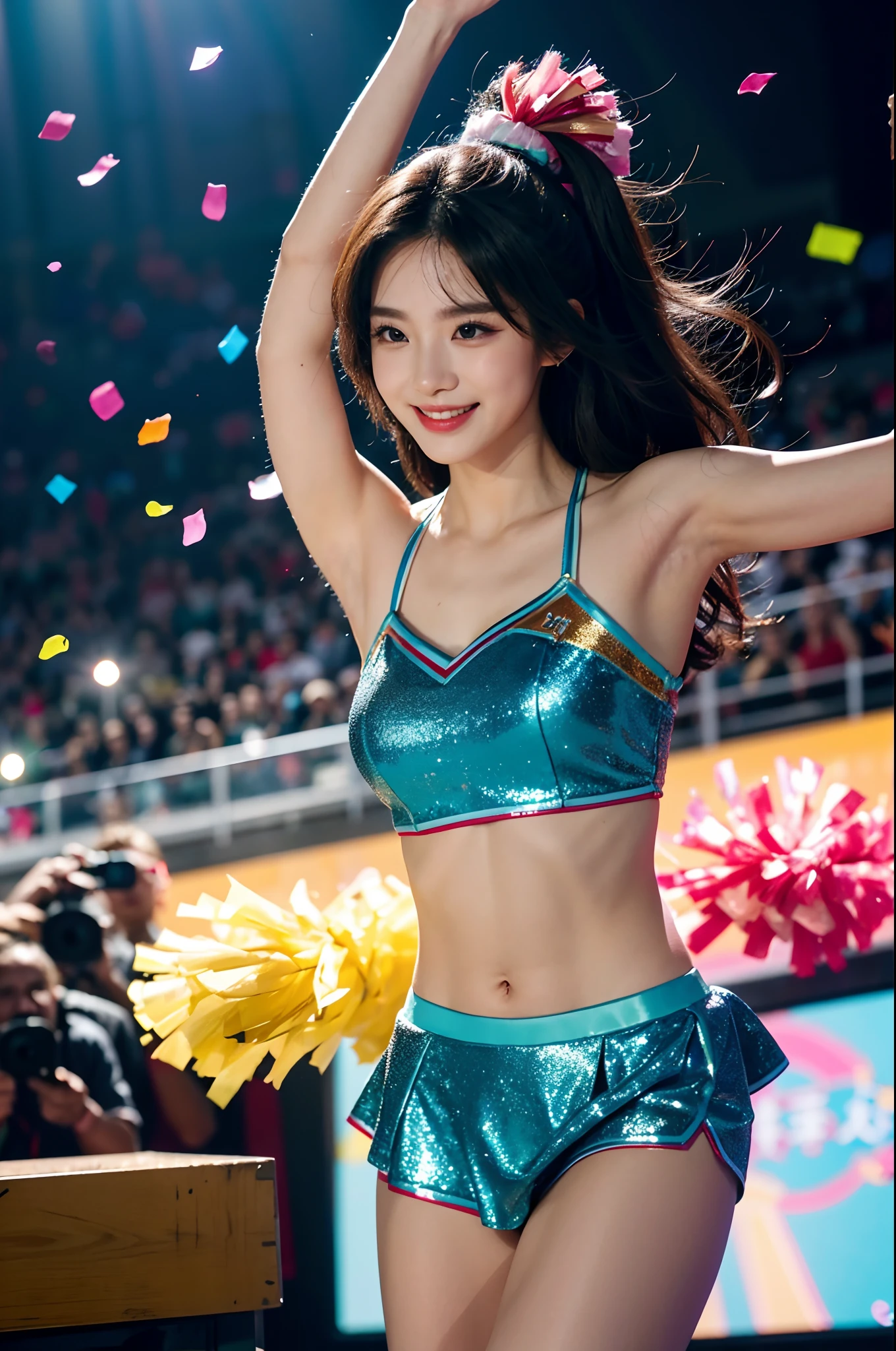 Beautiful Korean idol cheerleader
posters,Painting,high resolution,Ultra-detailed,Realistic:1.37,Vivid colors,hdr,Studio lighting,Sharp focus,
Dance energetically,Smiling happily,Perfect makeup,Stunning costumes,
crowd cheering,exciting atmosphere,dynamicposes,Expressive movements,
Beautiful hair,Sparkling eyes,rosycheeks,full pouty lips,
Colorful pompoms,Flying confetti,Glowing spotlights,
Engaging performance,Spirited cheers,Unforgettable memories