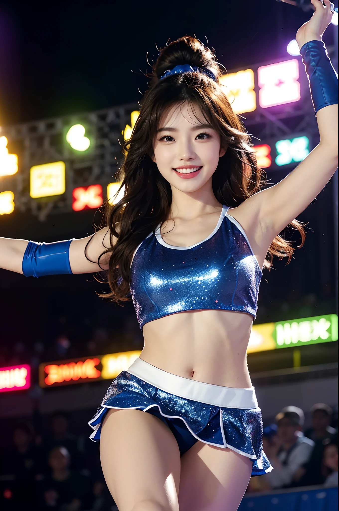 Beautiful Korean idol cheerleader
posters,Painting,high resolution,Ultra-detailed,Realistic:1.37,Vivid colors,hdr,Studio lighting,Sharp focus,
Dance energetically,Smiling happily,Perfect makeup,Stunning costumes,
crowd cheering,exciting atmosphere,dynamicposes,Expressive movements,
Beautiful hair,Sparkling eyes,rosycheeks,full pouty lips,
Colorful pompoms,Flying confetti,Glowing spotlights,
Engaging performance,Spirited cheers,Unforgettable memories