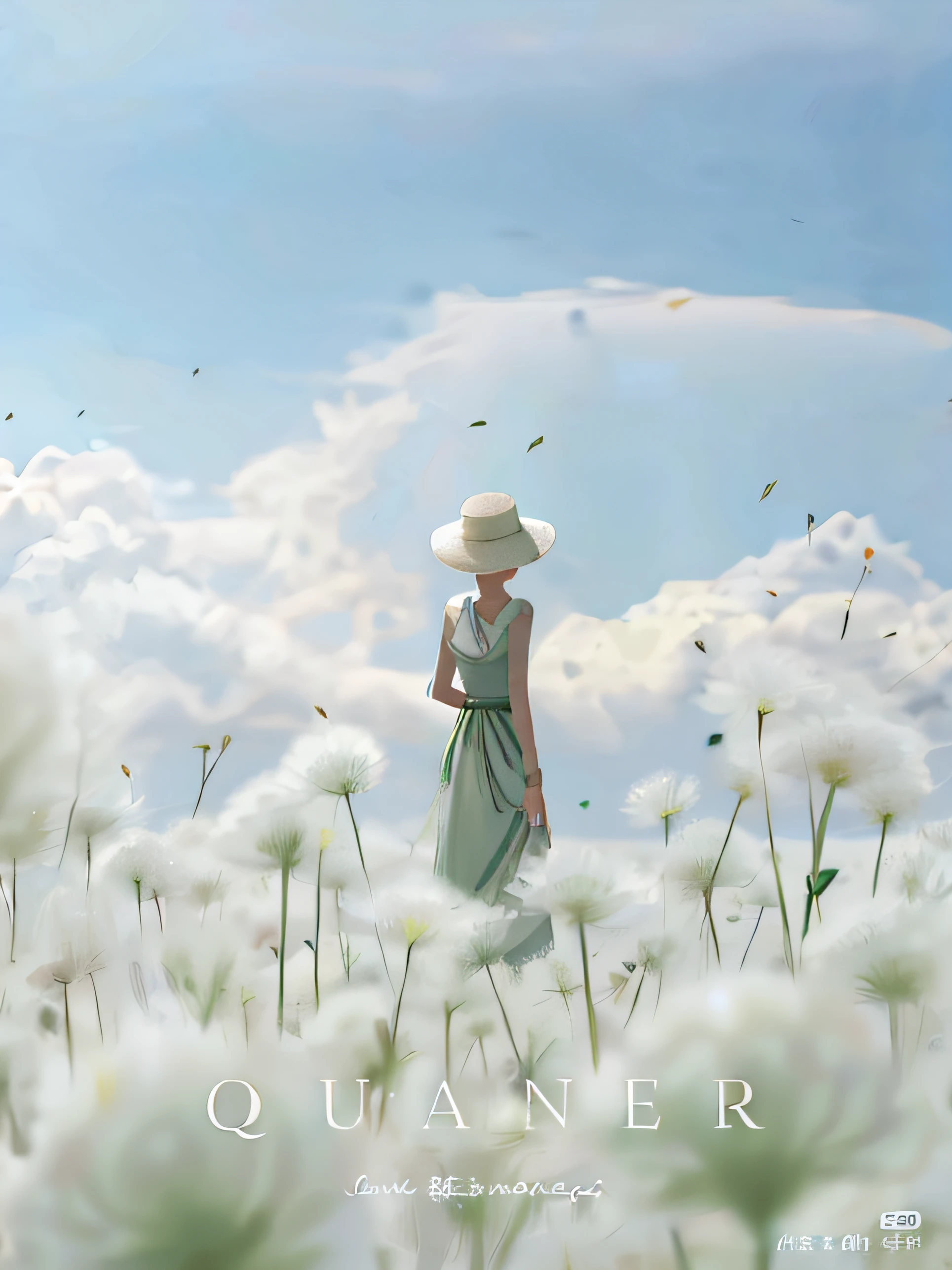 Image of Arafard standing in a field of white flowers with a woman in a green dress and hat, author：Cheng Jiasui, Beautiful digital illustration, by Yang J, A beautiful artwork illustration, blurry and dreamy illustration, author：Fan Qi, author：Tang Xianyun Sundara, digital art of an elegant, author：Xia Yong, blurry and dreamy illustration