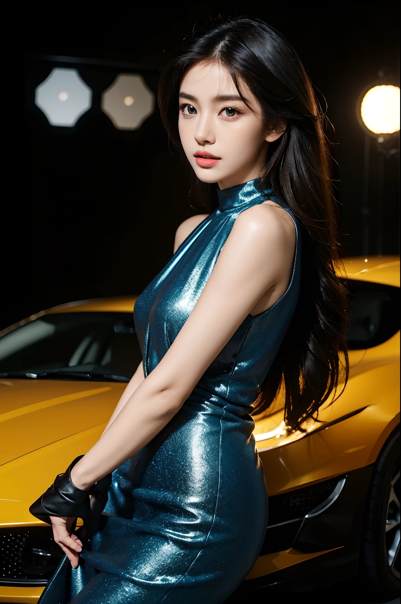 (Best quality,4K,8K,A high resolution,Masterpiece:1.2),Ultra-detailed,(Realistic,Photorealistic,photo-realistic:1.37),Car model,korean beautifull girl,mesmerizing looks,stunning features,Perfectly styled hair,Beautiful eyes with long eyelashes,Full and luscious lips,Flawless complexion,slim and toned body,Wear stylish and elegant dresses,Show yourself confidently in front of a luxury sports car,The brilliant lights highlight her beauty,Bright colors enhance the overall image,Studio setup with professional photography techniques,Showcasing the perfect combination of beauty and automotive craftsmanship.