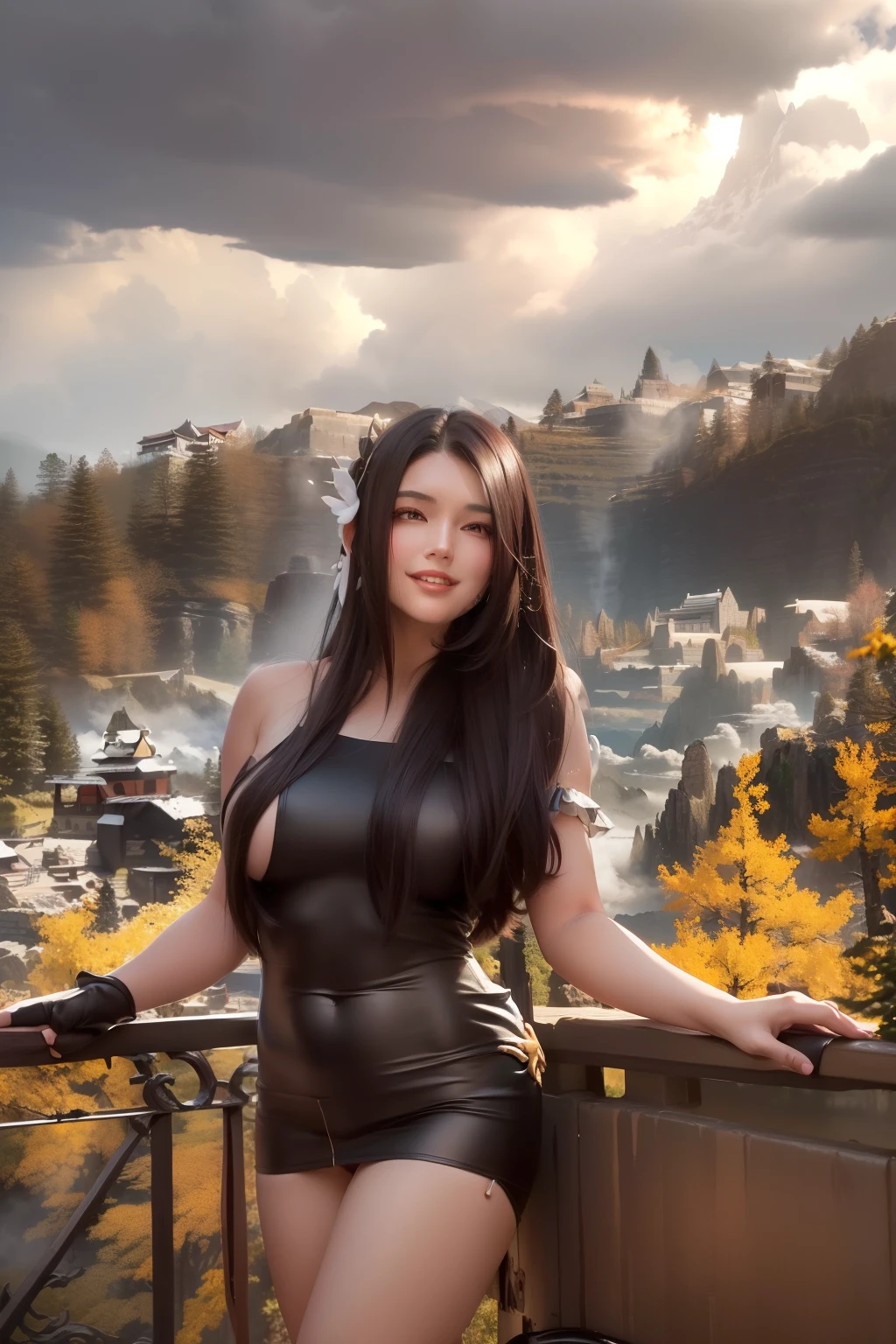 best quality, masterpiece,Dark hair, dark eyes, upper body, sun fA pretty woman with perfect figure :1.4, Slender abs :1.1, ((Dark brown hair, Big breasts :1.2lare, outdoors, mountain, valley, sky. clouds, smiling,