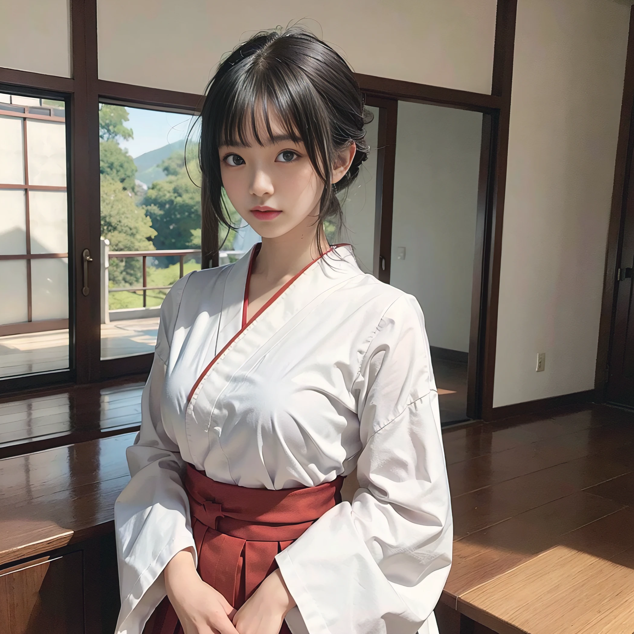 arafed asian woman with a white shirt and a necklace, With short hair, white hime cut hairstyle, neat hair with bangs, with short hair with bangs, real life anime girl, the face of a beautiful Japanese girl, hime-cut, girl cute-fine-face, cute natural anime face, young cute wan asian face, With bangs, Korean Girl, Woman in red skirt and white shirt is taking pictures, japanese girl school uniform, hakama kimono, Japan school uniform, Collar white and red, A Japanese style, Red kimono, Japanese style, traditional japanese, Wearing Hakama, japanese kimono,The background is indoors,The background is indoor,No bra,feet visible ,You can see the valley ,cleavage of the breast ,Furisode ,Wide sleeves ,Wearing a priestess uniform ,shoulders can be seen ,Shoulder skin is visible ,Shoulders exposed ,Chest revealed ,The chest is visible