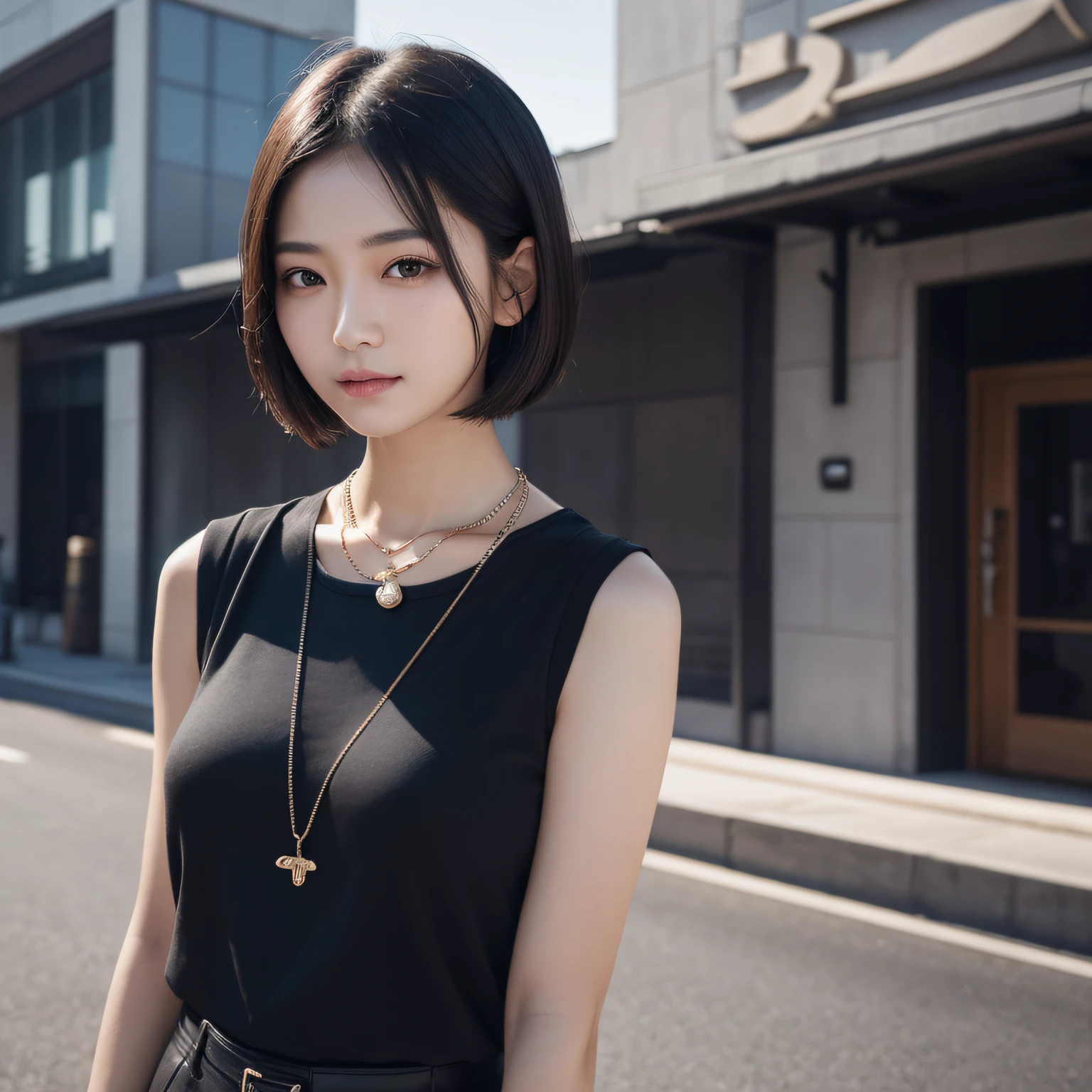 arafed asian woman with a black top and necklace standing in front of a building, with short hair, gorgeous young korean woman, beautiful south korean woman, beautiful young korean woman, young adorable korean face, young cute wan asian face, korean girl, portrait of female korean idol, girl cute-fine-face, beautiful japanese girls face, beautiful asian girl, 1 girl, short black hair, brown eyes, wearing fashion clothes, city, absurdess, high res, ultrasharp, 8K, masterpiece, looking at viewer, full body shot, nationality Korean, smiling sexy, with a prada handbag, high resolution, fine detail, face line, (Realistic, Photorealistic: 1.37), Professional lighting, Photon mapping, Radiosity, Physically Based Rendering, Rich Detail, (Fine Face),(Fine Eyes), (Clear Face), (Detailed Face Description), (Detailed Hand Description), Extreme Light and Shadow, Shiny Skin,