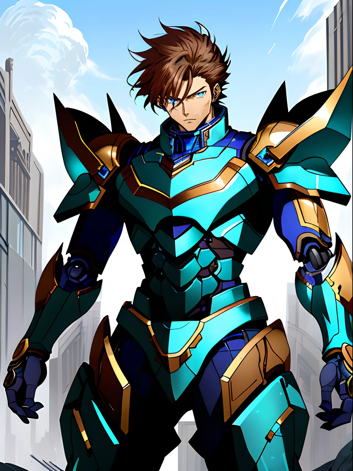 Blue mechanical armor for male anime characters with futuristic looks,brown hair,with brown eye, Blue mechanical armor, official character art, Tall anime guy with blue eyes, offcial art,, Covered with technical armor