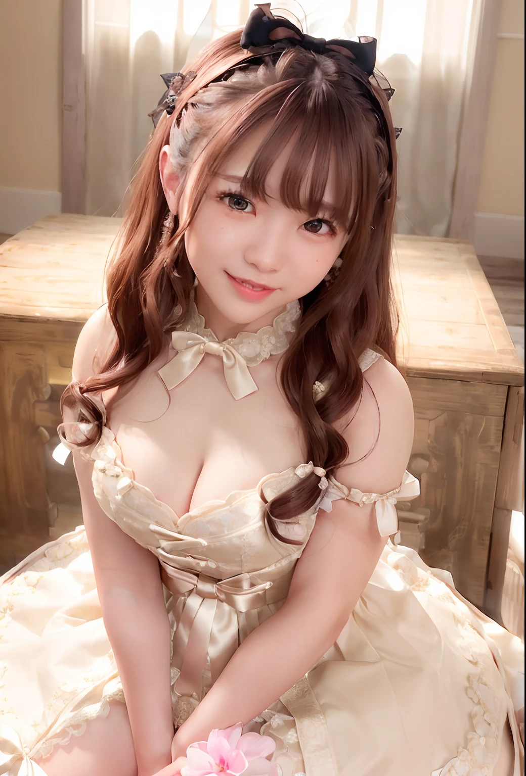 (Realistic:1.3), Finely detailed, quality, Rembrandt lighting, (masutepiece:1.2), (Photorealistic:1.2), (Best Quality), (Detailed skin:1.3), (Intricate details), Dramatic, Ray tracing, 1girl in, japanaese girl, 17 age、big eye、Smiling, twin-tail hair, Twin Loop Hair, Parted bangs, 21 years old, large full breasts, jirai fashion,frilld, Lace, bow ribbon, Convoluted,​masterpiece, top-quality, 1girl in, 独奏, voxel art,
Cake dress、Trim Dresses、
bow ribbon、Plant Hair Ornament、pearls、arms  cuffs、
classic, medieval times, noble