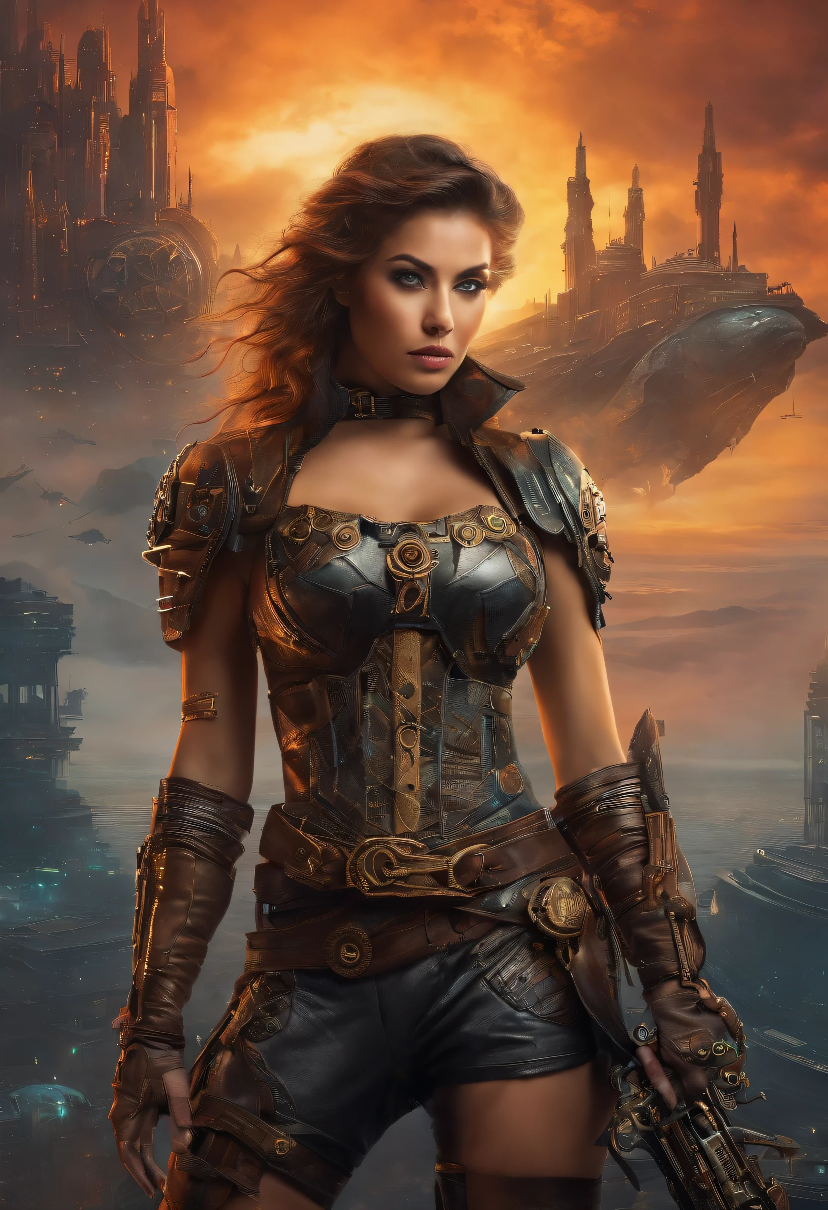 (A girl with a cyberpunk warrior outfit in a wide shot, set against a backdrop of a sea of clouds. The artwork is a digital illustration, depicting a futuristic scene with vibrant neon lights and a dystopian atmosphere. The cyberpunk warrior is highly detailed, with intricate armor and glowing LED lights. She stands confidently, holding a high-tech weapon, ready for action. The clouds in the background create a sense of mystery and depth. The image is of the best quality, with ultra-high resolution (4k or 8k) and is a masterpiece in terms of artistry. The colors are vivid and dynamic, with a color palette inspired by cyberpunk aesthetics. The lighting is dramatic, with strong contrasts between light and shadow, emphasizing the futuristic setting and the warrior's strong presence.)