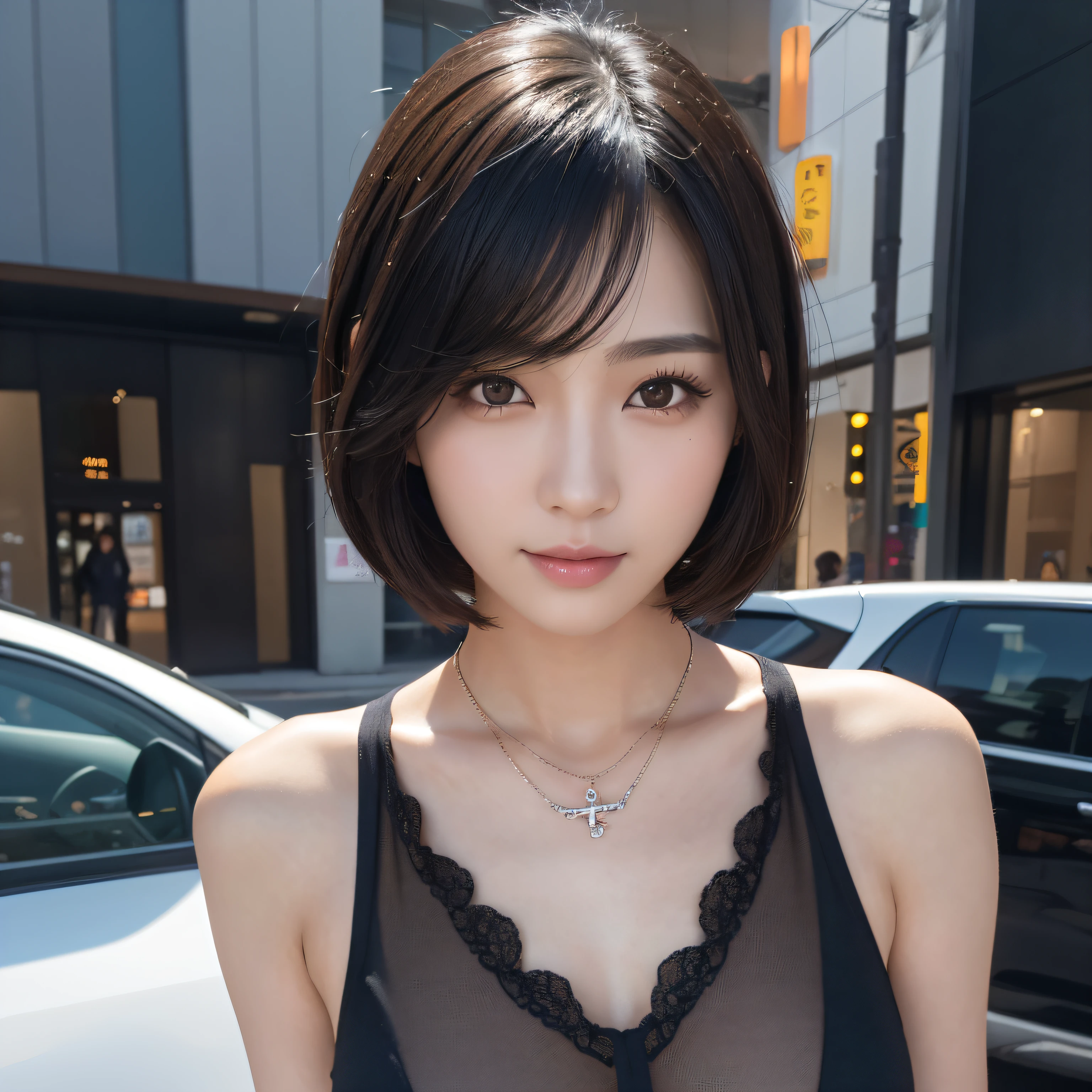 arafed asian woman with a black top and necklace standing in front of a building, with short hair, gorgeous young korean woman, beautiful south korean woman, beautiful young korean woman, young adorable korean face, young cute wan asian face, korean girl, portrait of female korean idol, girl cute-fine-face, beautiful japanese girls face, beautiful asian girl, 1 girl, short black hair, brown eyes, wearing fashion clothes, city, absurdess, high res, ultrasharp, 8K, masterpiece, looking at viewer, full body shot, nationality Korean, smiling sexy, with a prada handbag, high resolution, fine detail, face line, (Realistic, Photorealistic: 1.37), Professional lighting, Photon mapping, Radiosity, Physically Based Rendering, Rich Detail, (Fine Face),(Fine Eyes), (Clear Face), (Detailed Face Description), (Detailed Hand Description), Extreme Light and Shadow, Shiny Skin,