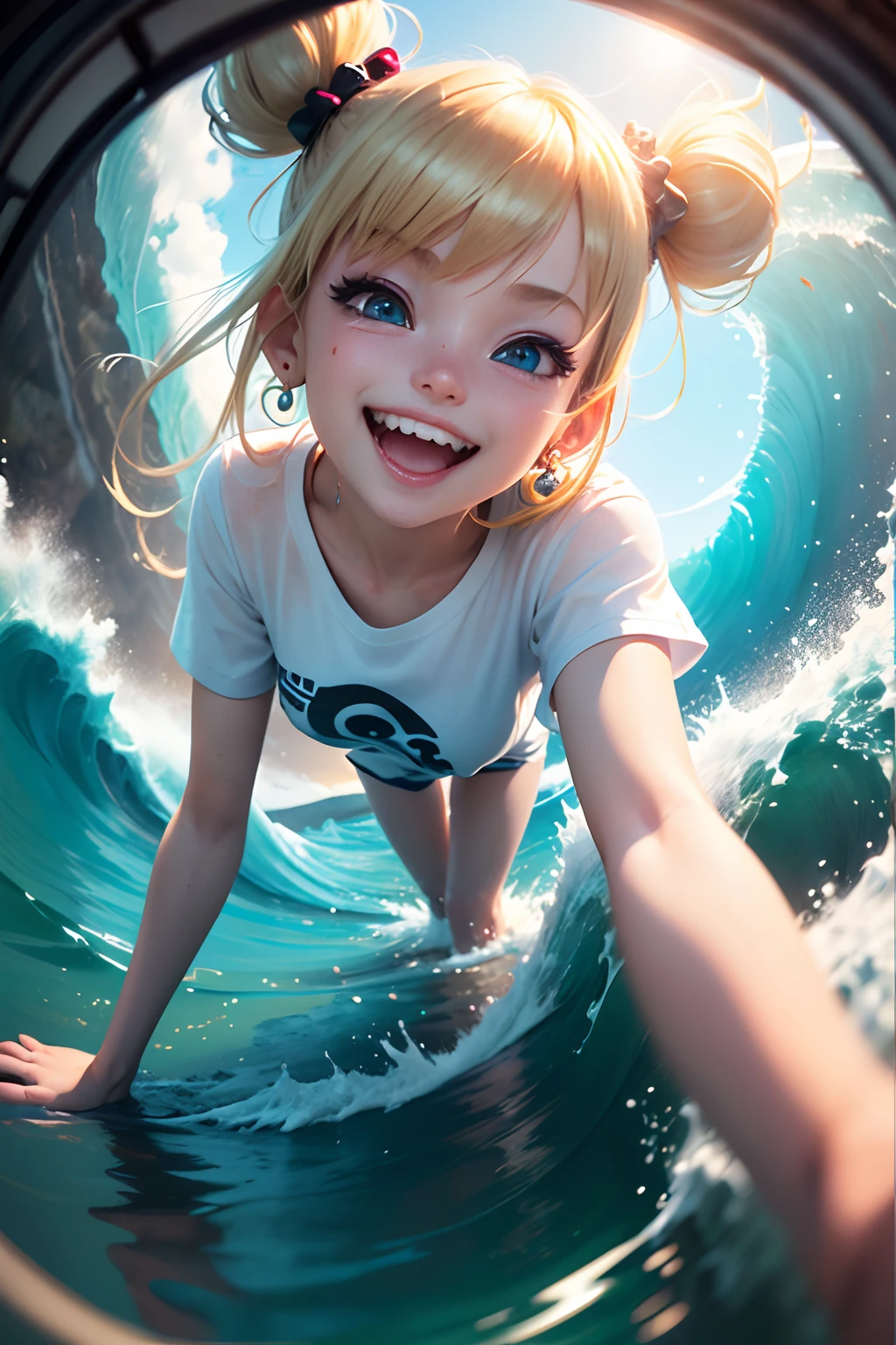 ((Cute 3D Anime Slender Girl Rendering,Half moon evening background,Drenched white T-shirt, red earrings and blonde twin tails floating on all fours、Floating in the sea and smiling))、Blue eyes float,, Selfie wind, Angle from below,(((Shooting with a fisheye lens))),Angle from the front,Looking up at the sky, a closeup, summertime, 8K portrait rendering, Smooth Anime CG Art, Rin,((great laughter)),(((Big wave)))
