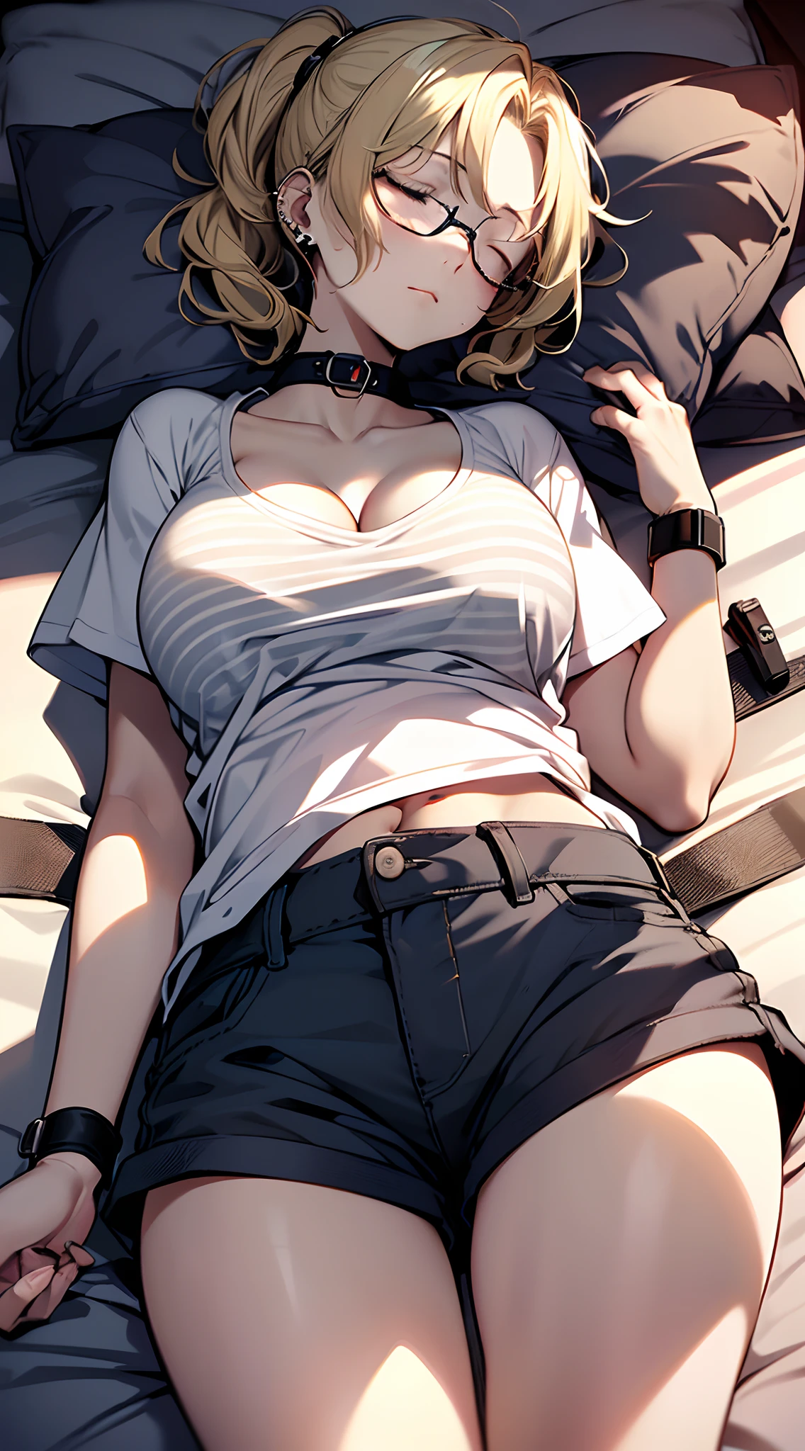 top-quality、Top image quality、masterpiece、girl with((18year old、tshirts:1.6、shortpants、Bust 85、a blond、disheveled ponytail、Blue eyes、open chest wide、cleavage of the breast、Happiness、Black wristband on wrist、eye glass、Ear-piercing))、A slender、(((Sleeping on your back:1.4)))、laying down on the bed、hiquality、visualart、Background with((a bed、darkened room))、masutepiece