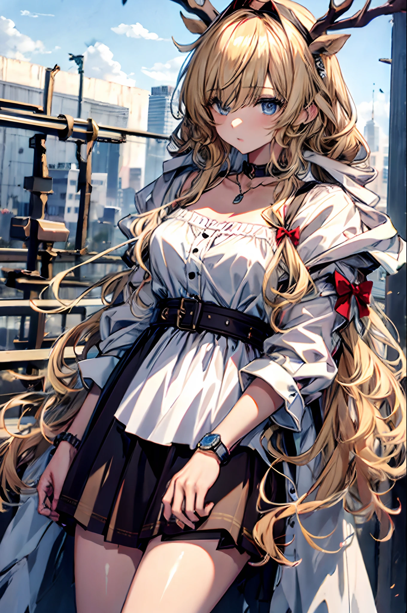 Best quality at best,tmasterpiece,1girll,blond hairbl,messy hair,curly_hair,The shirt,a skirt,Kawai,JK,red_bow,Wrist watch,choker necklace,view over city,8K original photos,超高分辨率,highest details,复杂,8k,HDR,