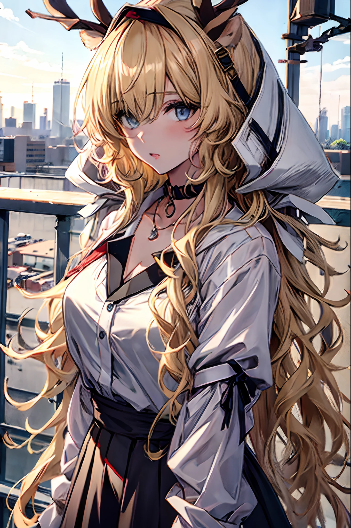 Best quality at best,tmasterpiece,1girll,blond hairbl,messy hair,curly_hair,The shirt,a skirt,Kawai,JK,red_bow,Wrist watch,choker necklace,view over city,8K original photos,超高分辨率,highest details,复杂,8k,HDR,