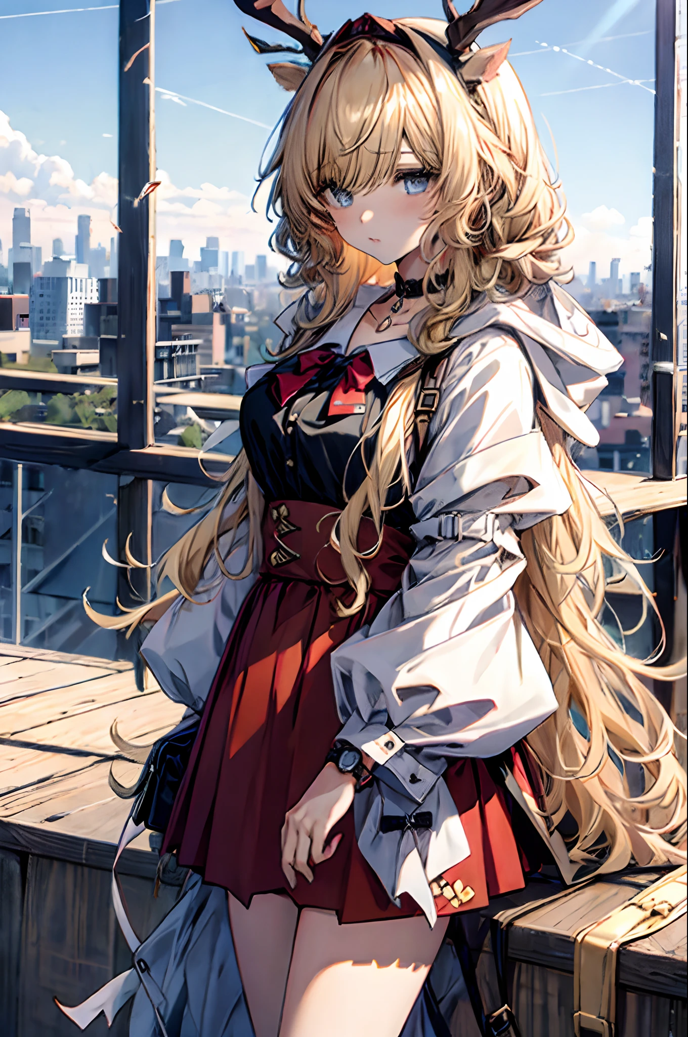 Best quality at best,tmasterpiece,1girll,blond hairbl,messy hair,curly_hair,The shirt,a skirt,Kawai,JK,red_bow,Wrist watch,choker necklace,view over city,8K original photos,超高分辨率,highest details,复杂,8k,HDR,