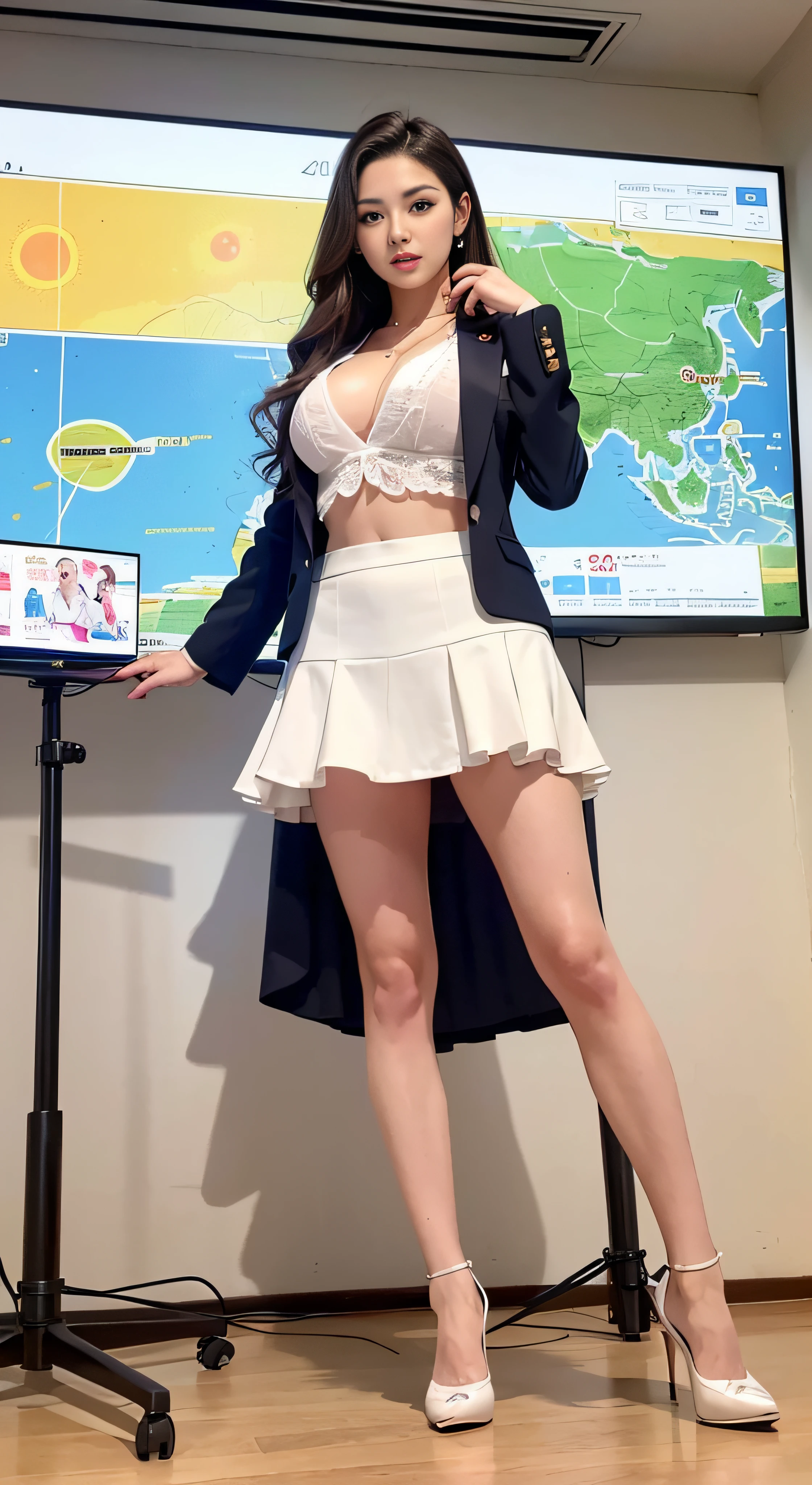 1 female、(super beautiful)、(beautiful face:2)、(detailed face:1.3)、(stand in front of a large weather map screen:1.3)、(above the knee shot)、(he)、(mini skirt:1.2)、(tailored jacket)、(Lift up your skirt and expose your white panties:1.5)、(barefoot:1.5)、(Clothes:1.4)、brown hair、broadcasting equipment、(TV News Studio:1.2)