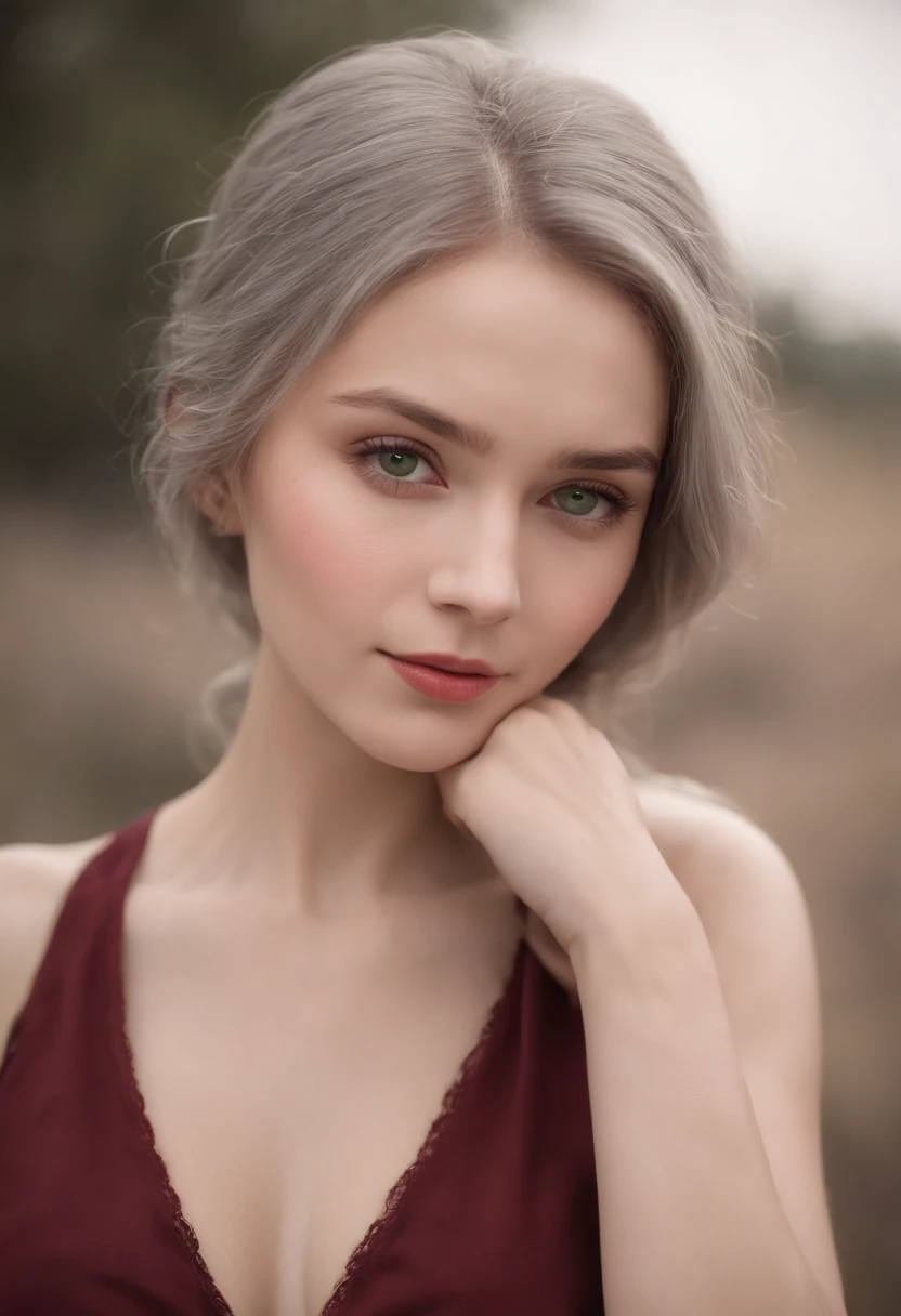 (((A deep reddish scar runs on her left cheek))) light skinned, Women around 19 years old, Natural gray hair, Distinctive green eyes, Wearing a call, slender and graceful,,, Beautiful, Candlelight in a medieval atmosphere, Ultra Sharp Focus, realistic shot, Modern swimwear、Black Color (Scar:1.4)