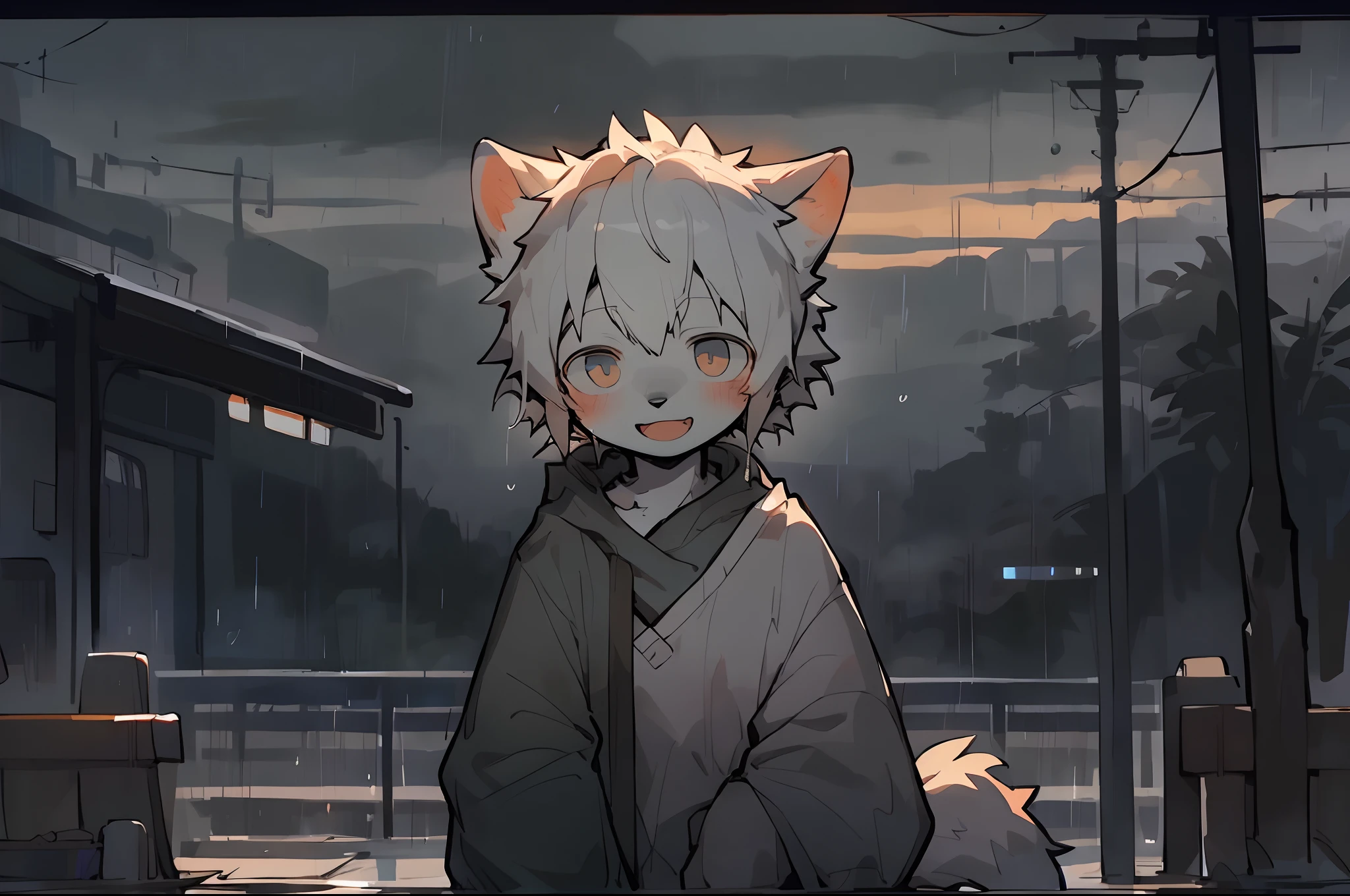 masterpiece, best quality, perfect anatomy, bright eyes, watery eyes, by milkytiger1145, by k0bit0wani, furry, wolf, (felis:0.25), male, solo, baggy clothing, (open smile:1.1), gentle, looking at viewer, train station, rain, (waterdrop:0.9), grey sky, raining, (fog:0.4),by Pino Daeni, canyne khai, milkytiger1145, Dagasi, Yupa,