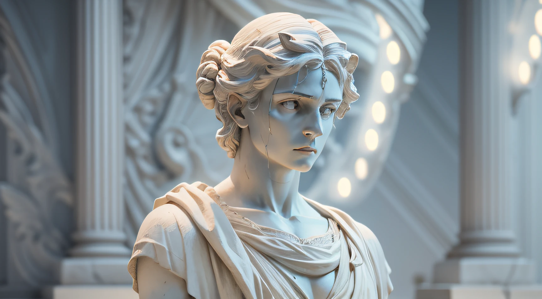 a realistic of bust greek white marble statue of artemis philosopher wearing a ghostly toga, neutral background, moody, stoic , photorealistic, cinematic scene, super detailed, hyper realistic, bright lights, 8 k