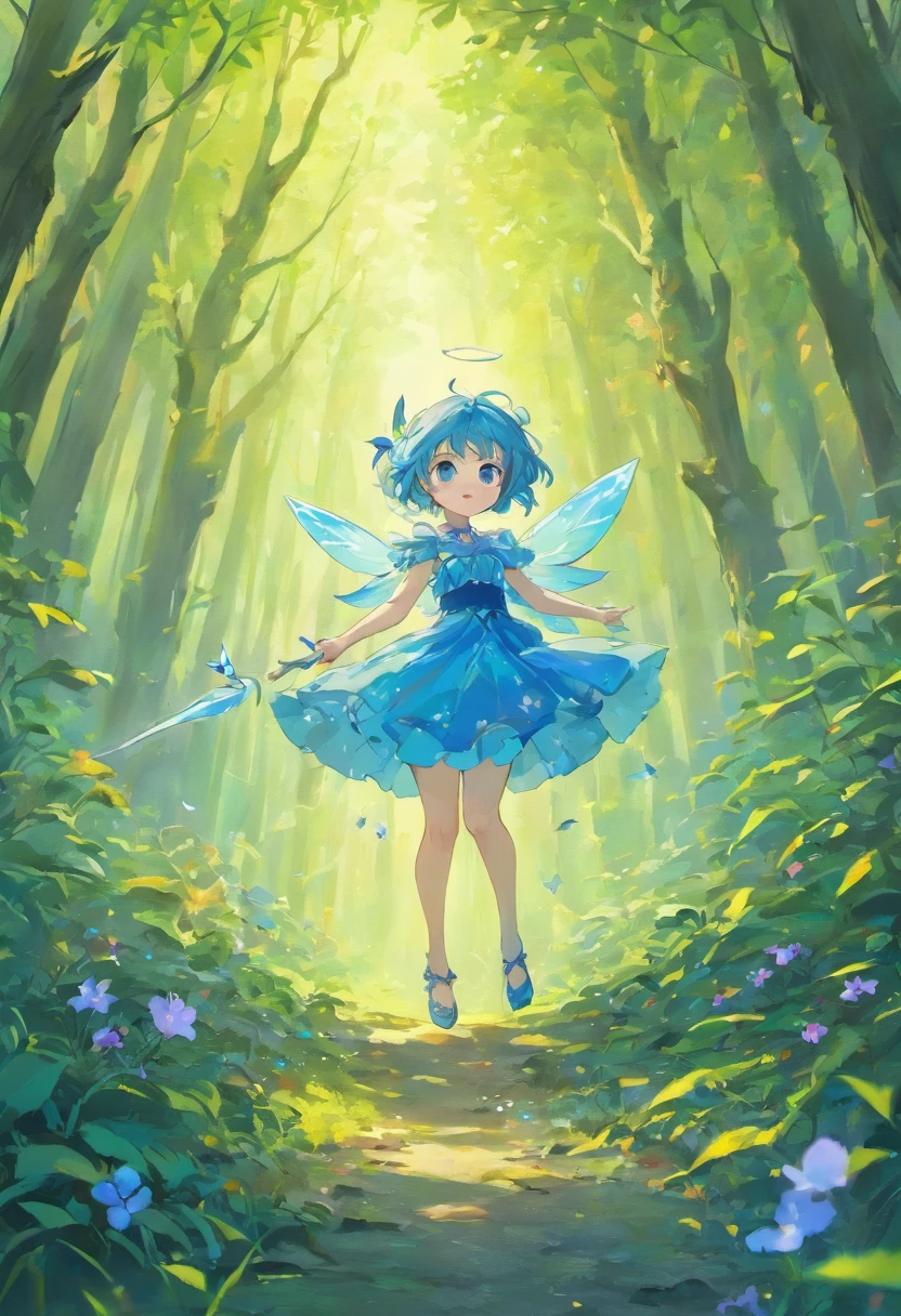 Numa floresta encantada, A small blue-winged fairy discovers a magical secret hidden among the trees.