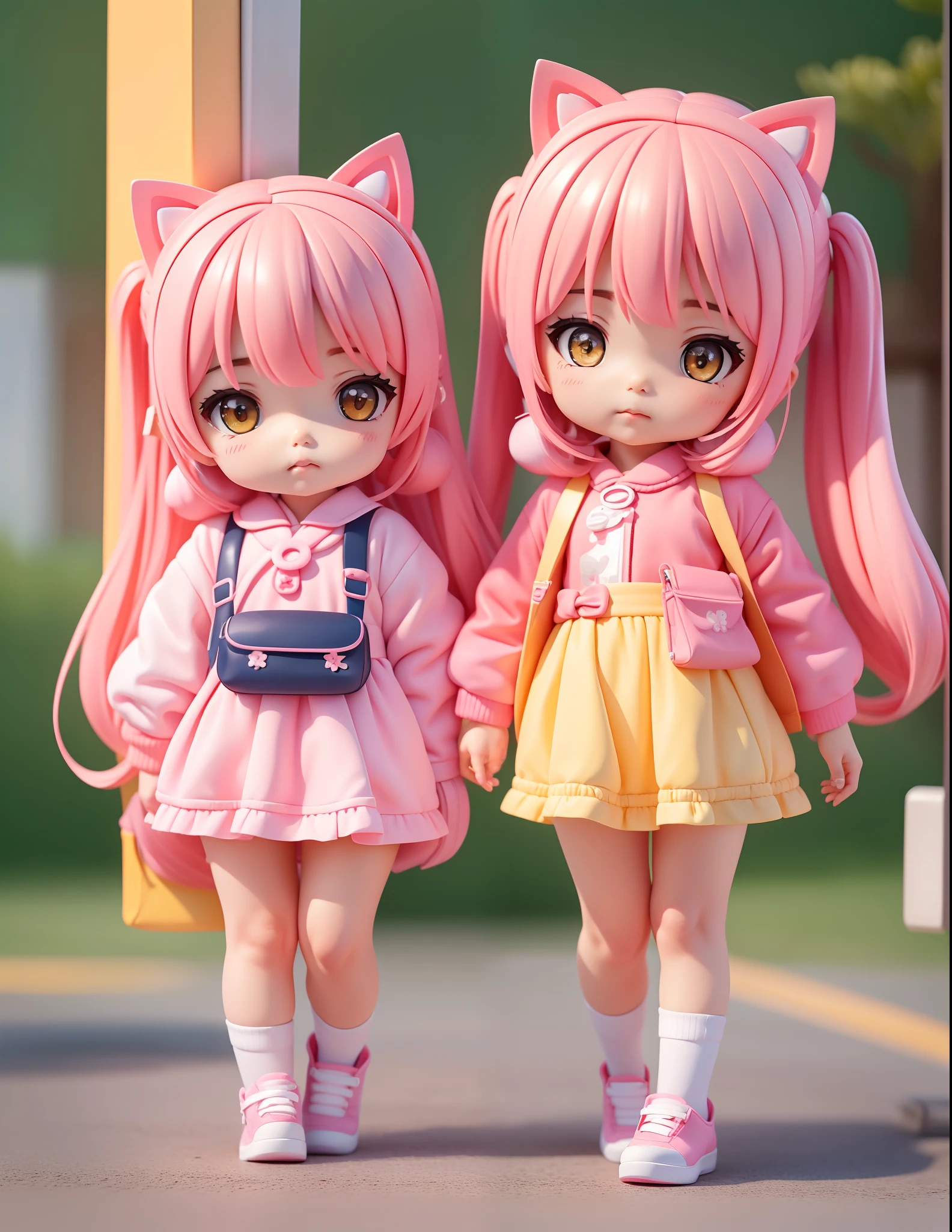 Adorable Girl's2a person , Your sister has long hair with pink twin tails , My sister has pink dango hair、Kindergarten jackets are yellow、Skirt black, Let me hold a cat-shaped kindergarten bag in my hands, Please wear clean shoes、sisterhood2a person、chum、Kindergarten Bus
