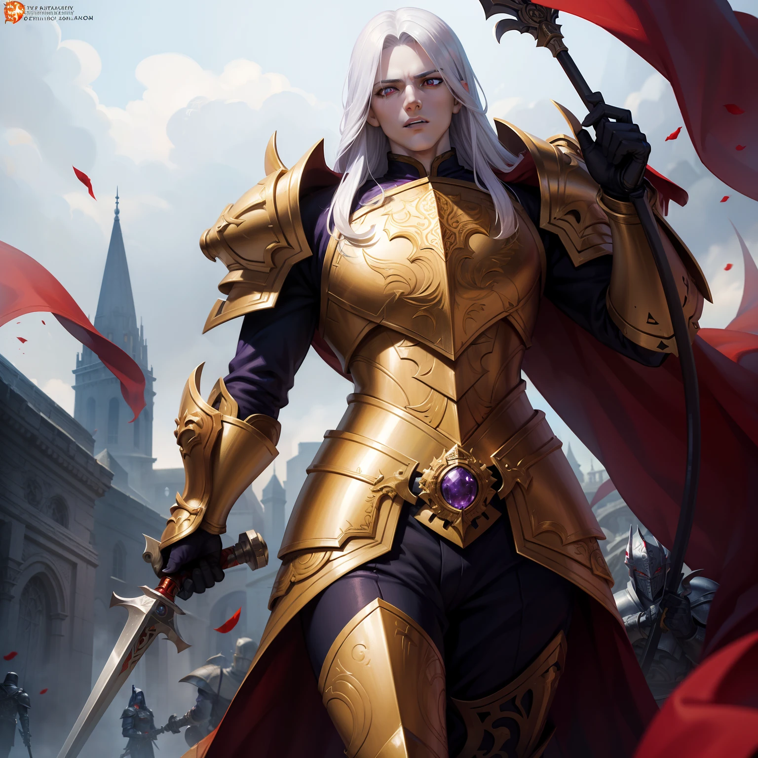 (masterpiece), best quality, expressive eyes, perfect face, male, purple eyes, pale skin, long sliver hair, mature, handsome, wearing armor, cloth over armor, white white golden accents on armor, vampire, red cloth along parts of the armor, wielding a golden ornate spear, power armor, warhammer,