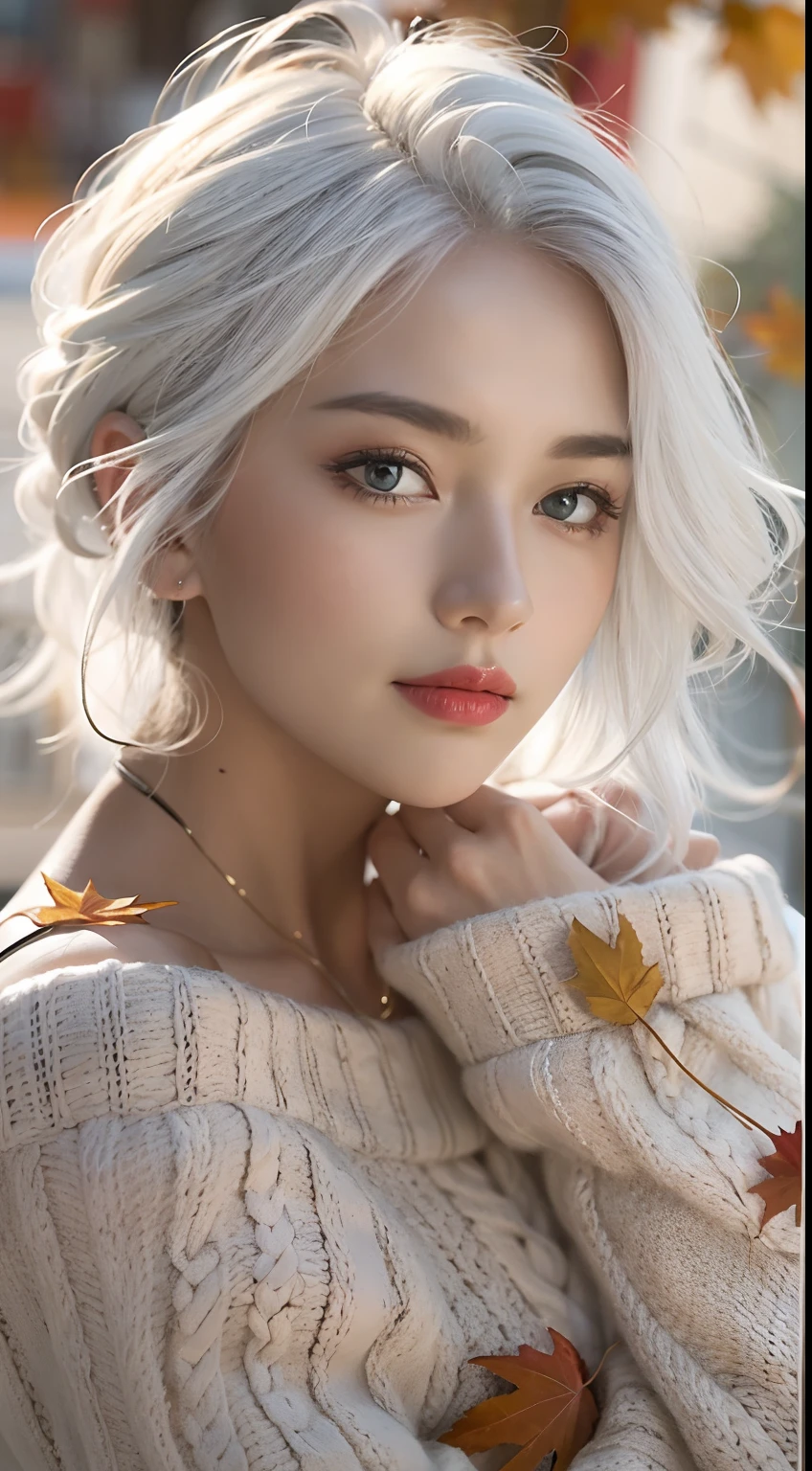 Medium Shot Shot, A beautiful woman looks at the camera, White hair, Chris Foss autumn off-the-shoulder sweater