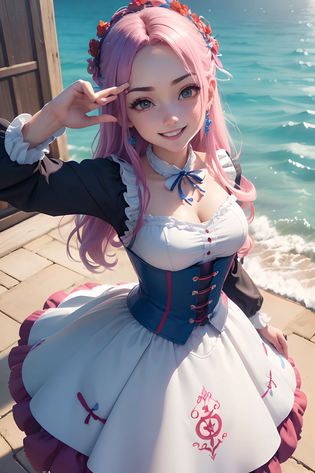 ((Renderizado de linda chica delgada anime 3D,Media luna de fondo vespertina,Traje de sirvienta azul con aretes rojos y colas gemelas rubias flotando en el mar y sonriendo))、Ojos azules flotan,, Viento selfie, angle from below,(((Disparo con un objetivo ojo de pez))),angle from front,mirando hacia el cielo, Un primer plano, verano, Renderizado de retratos 8K, Anime CG arte suave, Furthermore,((gran risa))