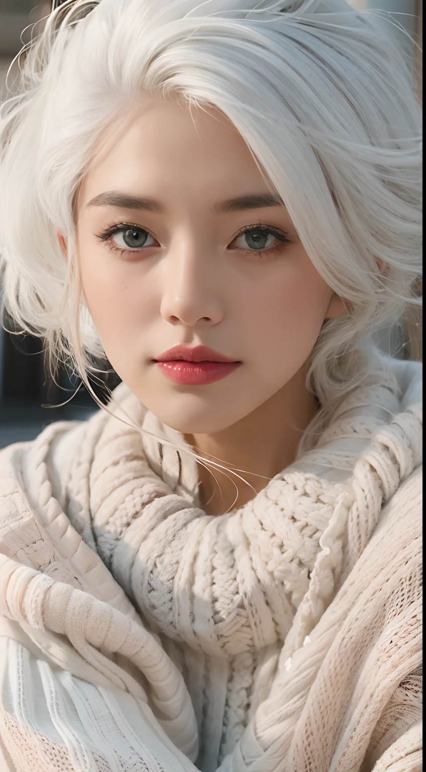 Medium Shot Shot, A beautiful woman looks at the camera, White hair, Chris Foss autumn off-the-shoulder sweater