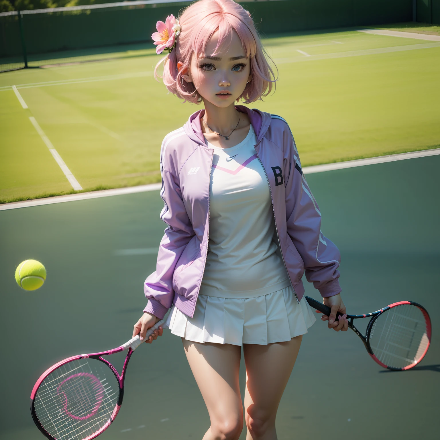 tennis coat,PH Momo, momohd, phmomo, Solo, 1girl in, Pink hair, Purple eyes, Short hair, Hair Flower, Wear tennis wear, Big eyes, embarrassed,Holding a tennis racket in his right hand,The left hand does not hold anything,