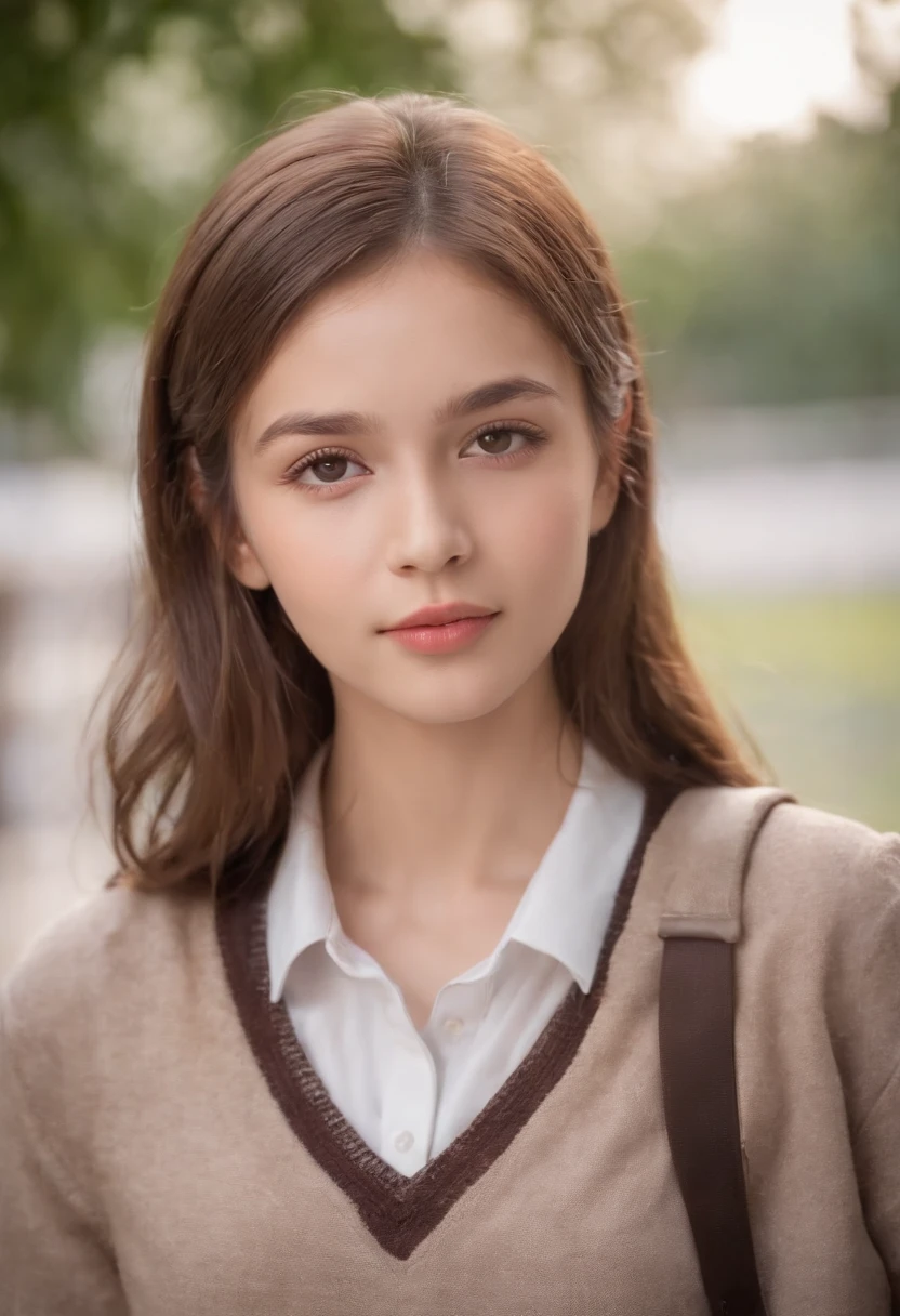 (((Popular beautiful girl at school is crossing the left cheek))) light skinned, Modern schoolgirl,, Distinctive brown eyes,, slender and graceful,, Beautiful,The chest is open , Ultra Sharp Focus, realistic shot,