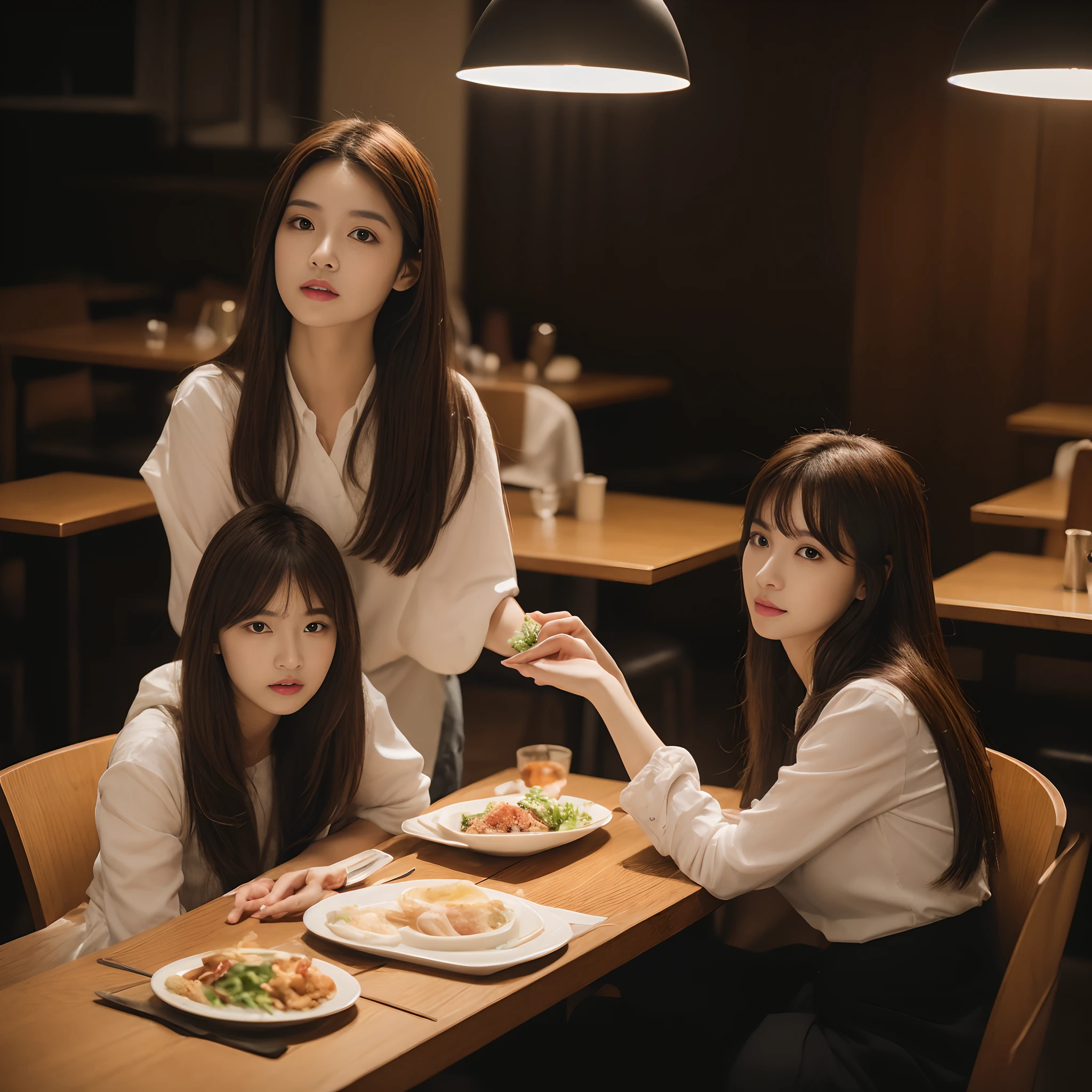 ((Midnight, Best quality, 8k, Masterpiece, Realistic)), Whole body, Long legs, Sharp focus, A pretty woman with perfect figure, Slender abs, ((Long dark brown hair, Medium breasts)), (Brown tight sleeves, Long tight skirt, Sitting, eating:1), ((Small restaurant, Dynamicposes:1, Soft lighting, Top Angle View, Fashionable)), Highly detailed face and skin texture, Detailed eyes, Double eyelid