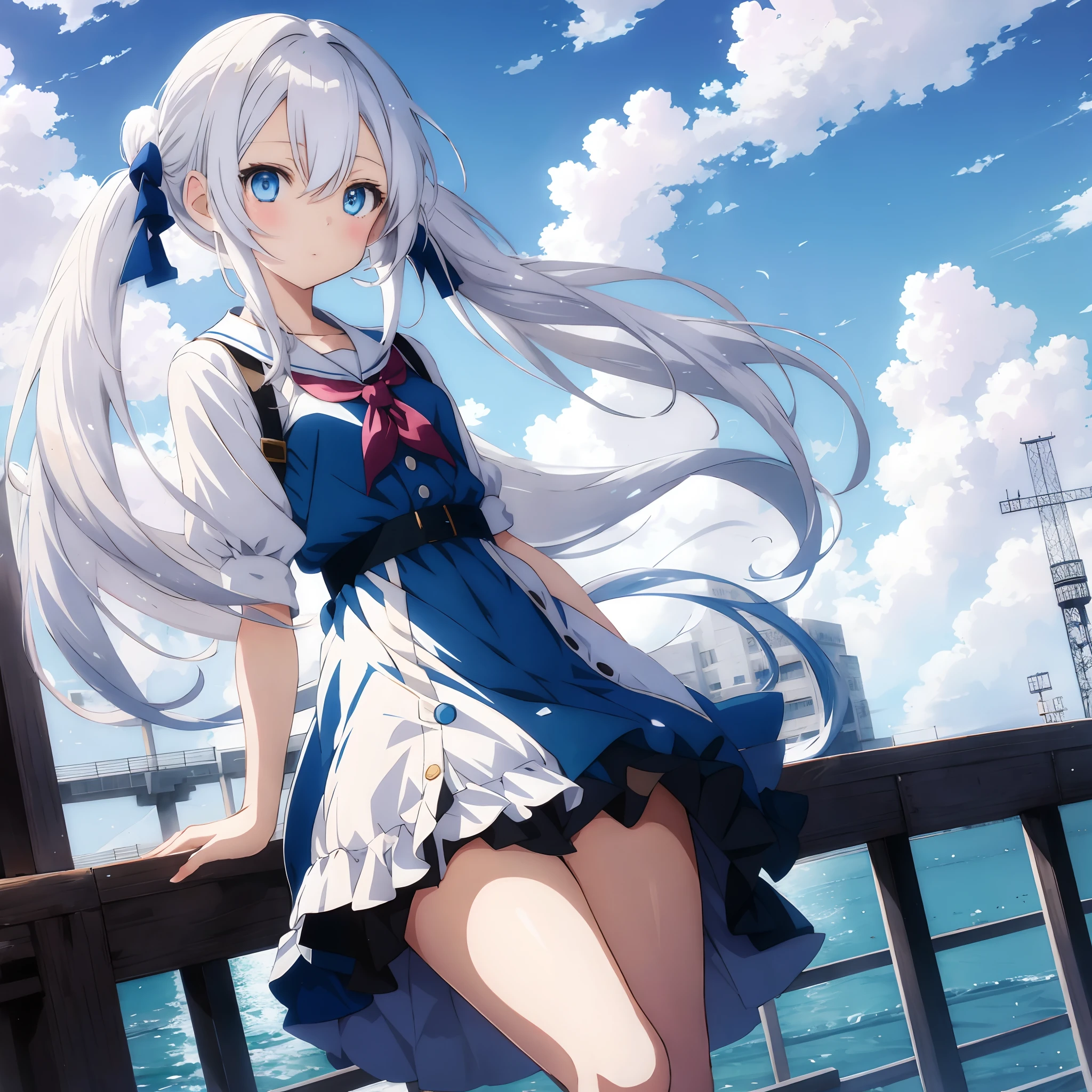 ginka,1girl, suspender skirt,outdoors,sitting,beautiful detailed sky, dress,sailor collar, butterfly hair ornament, barefoot, looking at viewer, ahoge, white hair, , ahoge<lora:ginkastest:0.6>