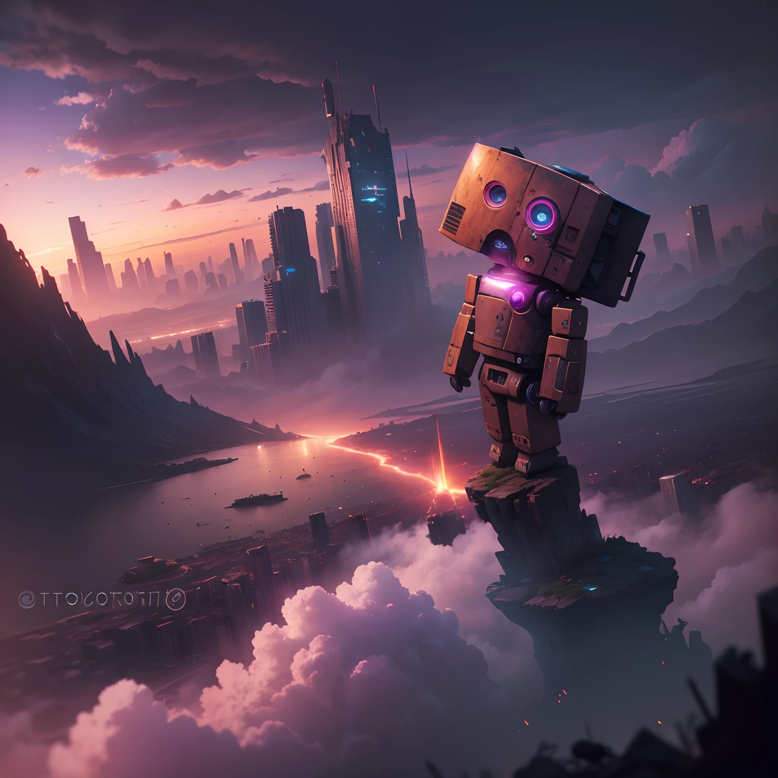 a very sad tiny robot, rusty ancient rundown robot in a crumbling dark decaying world, most of the city is on fire, chin on chest sad, melancholy, crying, tears, head hanging down, on a hill overlooking a dystopian city, shot from behind, extreme long shot, sitting on the edge of a hill-cliff, looking down at the city from above, story sky, storm clouds, mostly sunny, blue and pink and violet sky, 8k resolution, hyperdetailed, in the style of Ray Bradberry.