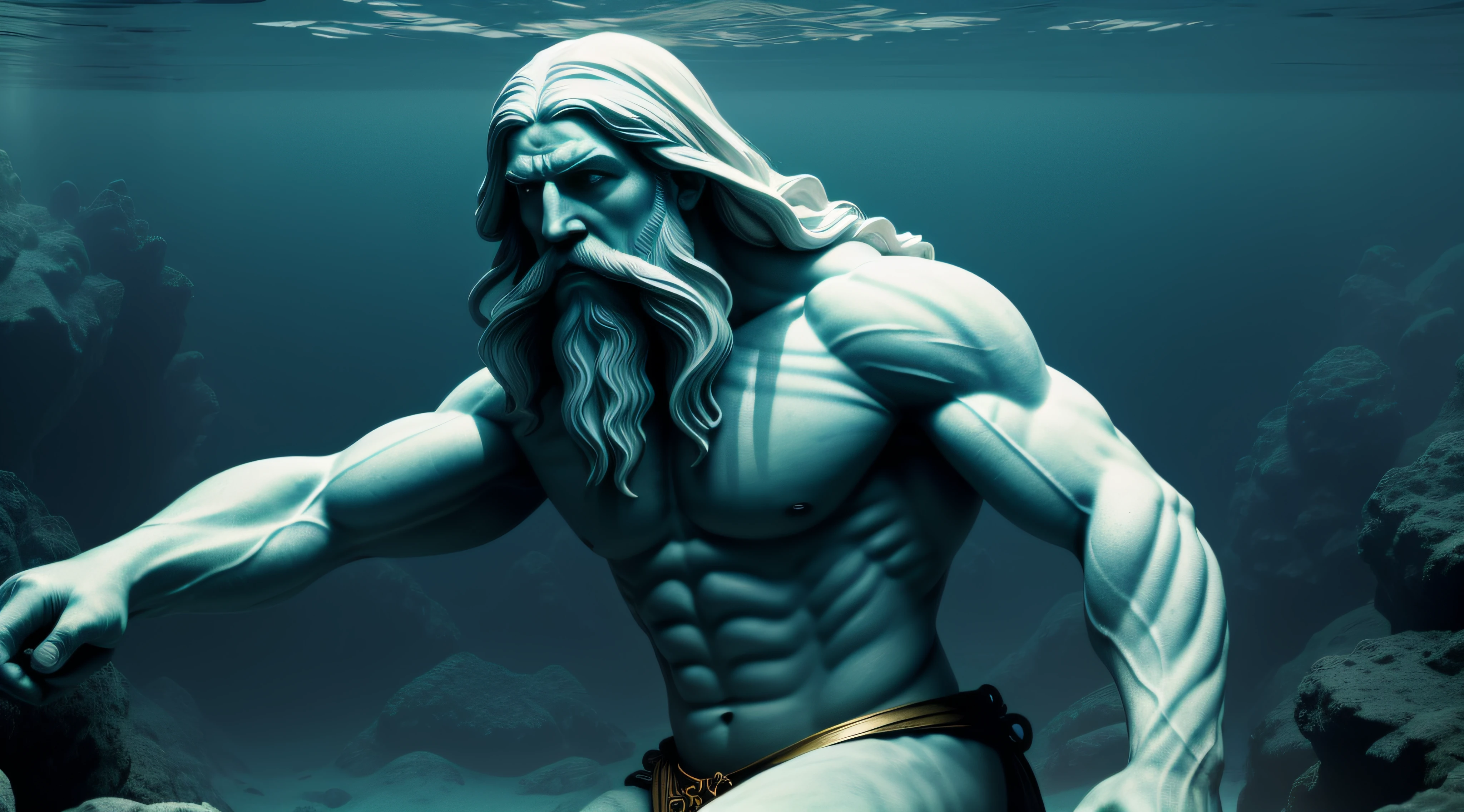 A realistic full-length Greek white marble statue of a jacked stoic, long beard and hair, crossed arms while looks at the camera, solo, wearing a ghostly tunic, very neutral background, Moody, bright lights, underwater scene, bottom of the ocean, weak flashes of light cross the water, blue color grade, blue color correction, low background luminosity, photorealistic, cinematographic scene, super detailed, hyper realistic, STATE-OF-THE-ART, MASTERPIECE, BEST QUALITY, 8K