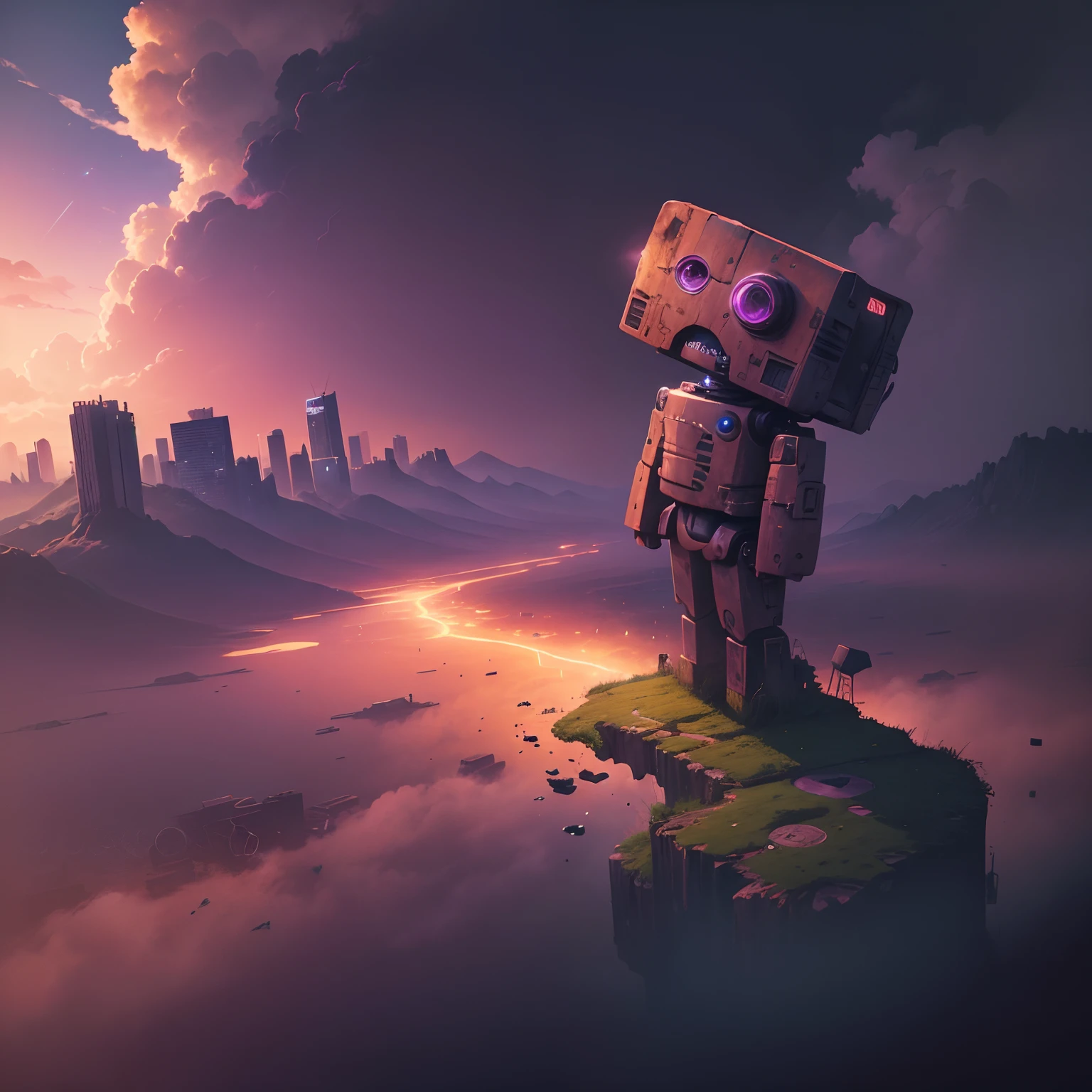 a very sad tiny robot, rusty ancient rundown robot in a crumbling dark decaying world, most of the city is on fire, chin on chest sad, melancholy, crying, tears, head hanging down, on a hill overlooking a dystopian city, shot from behind, extreme long shot, sitting on the edge of a hill-cliff, looking down at the city from above, story sky, storm clouds, mostly sunny, blue and pink and violet sky, 8k resolution, hyperdetailed, in the style of Ray Bradberry.