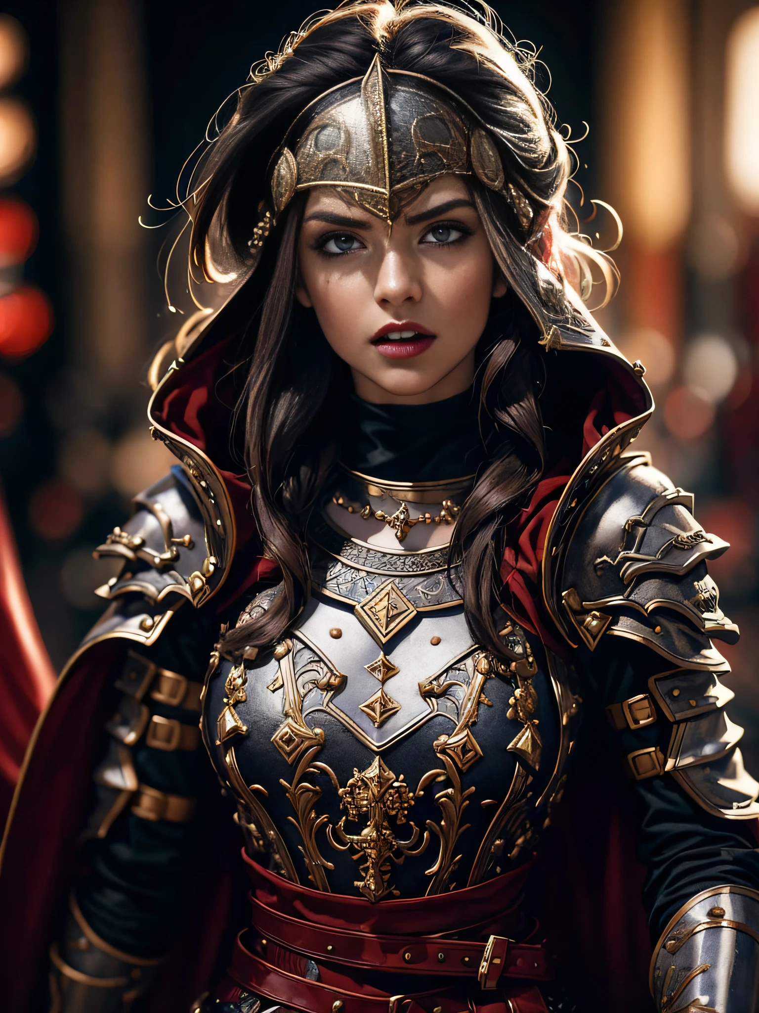 1girl, solo, female roman warrior with red helmet and cape, long black hair, angry, extremely beautiful girl, subtle makeup, silver hour, photorealistic, high contrast, 8k HD, detailed, hyper-detailed, realistic skin texture, blonde hair, huge chest, neckline, best quality, ultra high res, raw photo, dramatic lighting, unreal engine, intricate diffuse glow and silver tab, black cape, battlefield,  Standing