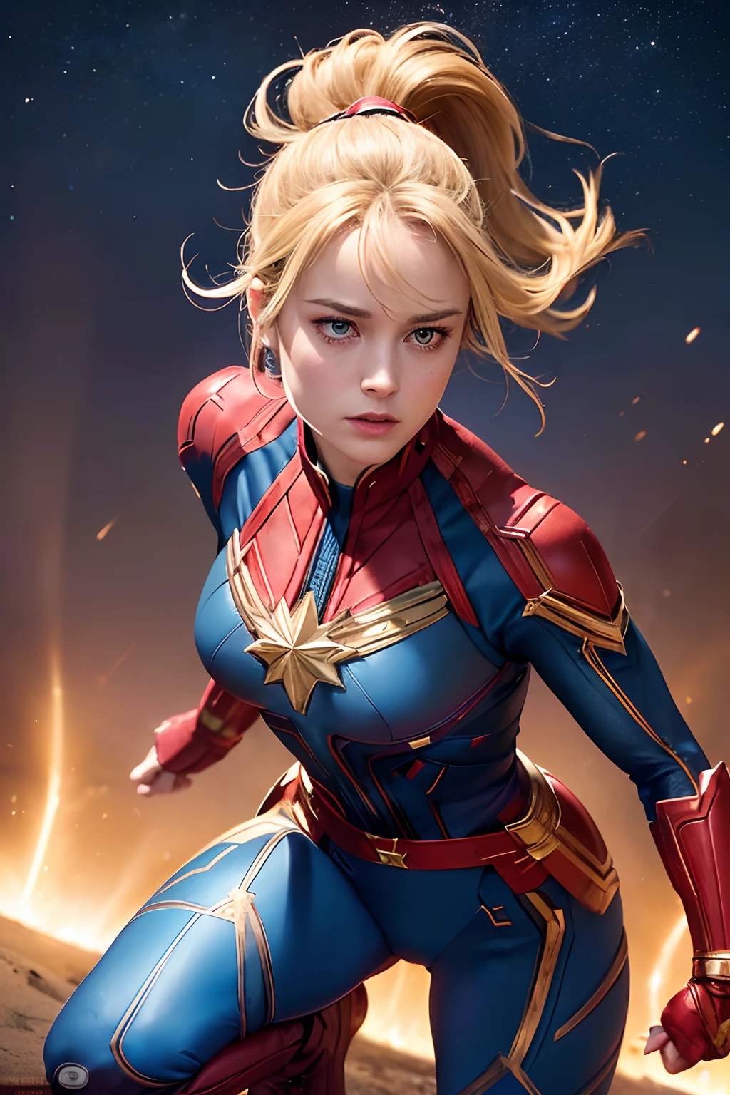 a female superhero,captain marvel,energy being held emitting from her outsrtechted hands and bodyand body ,powerful and sexy pose,cinematic lighting,vivid colors,cinematic composition,beautiful detailed eyes,beautiful detailed lips,extremely detailed face and body,long eyelashes, long blonde hair ,volumetric energy effects,dramatic shadows,glowing energy aura,cinematic camera angle,hyper realistic,8k,high quality,detailed rendering,digital art,concept art style