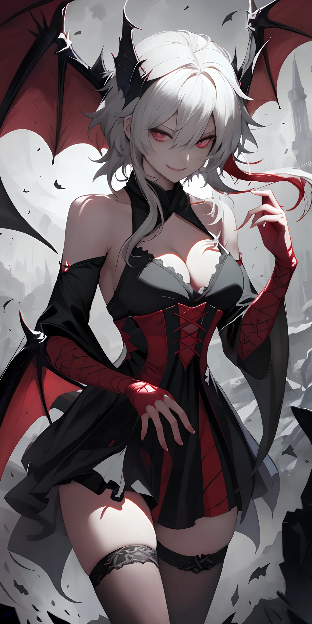 red eyes，Vampire teeth fangs，Clumsy face，Bleeding from the mouth，pervert smirk，Bat wings，Scary smile，Psychotic smirk，Psychopathic smile，fearsome，Mouth opem，Angry eyes，Vampires，Dark hall background，red colour+blue colors+green color，Sexy lace dress，full of seduction，Sexual suggestiveness，Expose the thighs，Milky white liquid